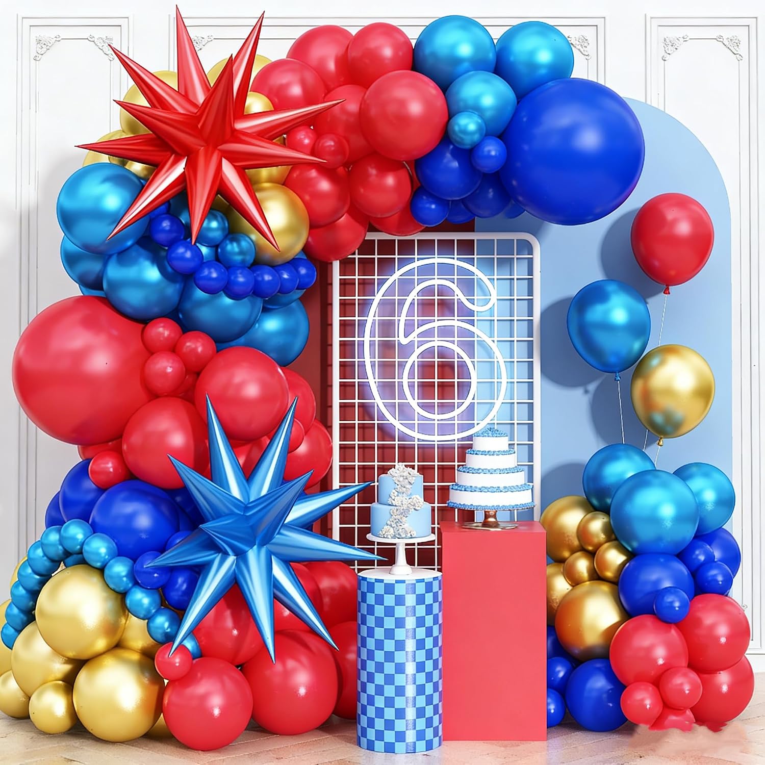 Red Blue Gold Balloons Arch Royal Blue Red Gold Balloons Garland Metallic Blue Gold Latex Balloons with Explosion Star Foil Balloon Gold Long Balloons for Birthday Party Decorations Superhero Circus