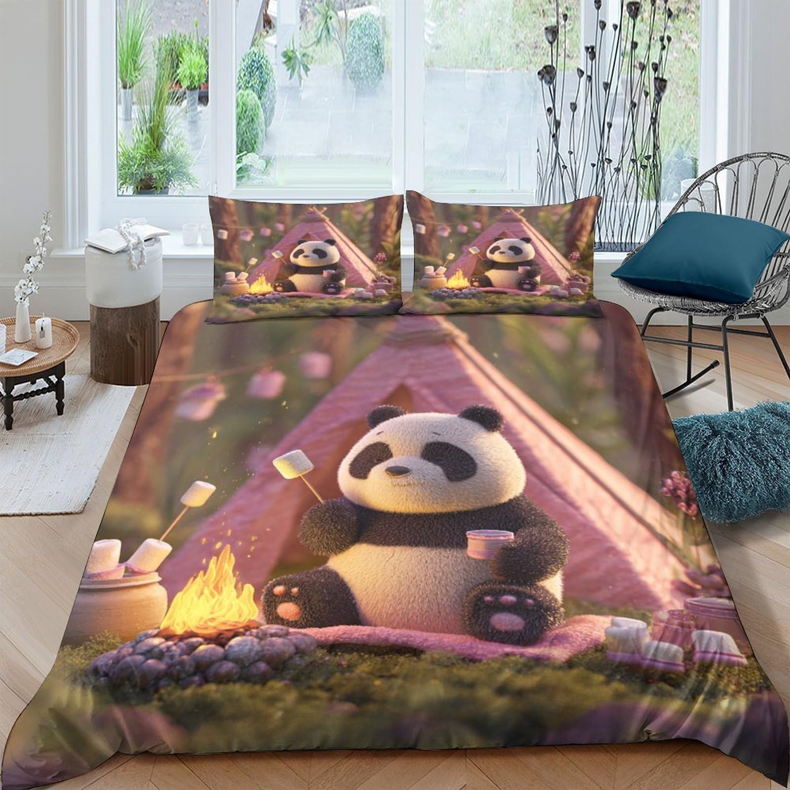 Ctjqhvkz Style-4 3D Printed Camping Panda Fitted Sheet Microfiber Soft Cartoon Tent Bed Cover For Bedroom Dorm Mattress Protection Decor Single（135X200cm）