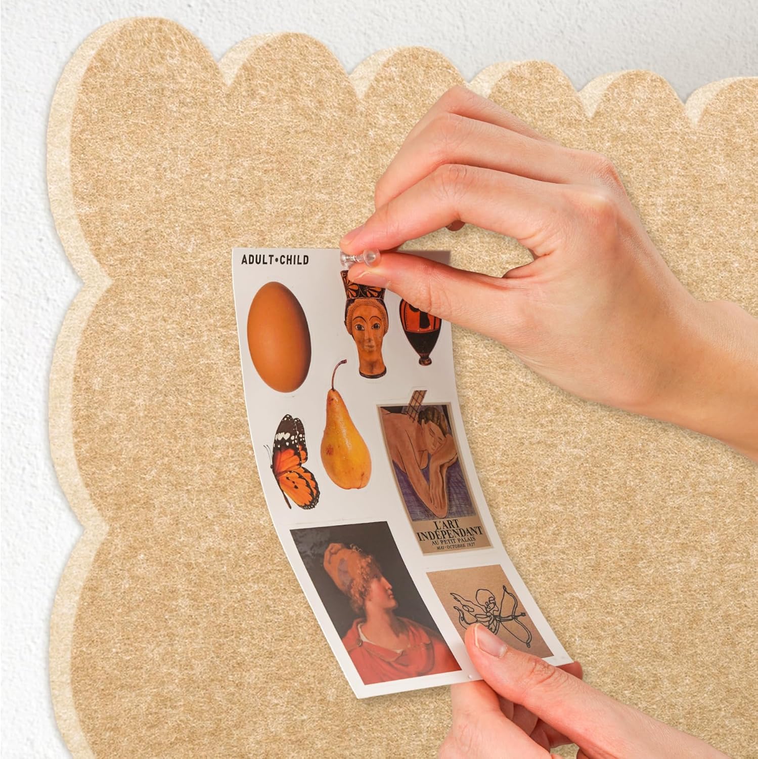 Lightomorrow Scalloped Bulletin Board, 48 x 36 Inches Felt Pin Board - Decorative Cork Alternative for Wall, Foldable Picture Self-Adhesive Vision Prayer Board with 20 Pushpins - Beige Brown