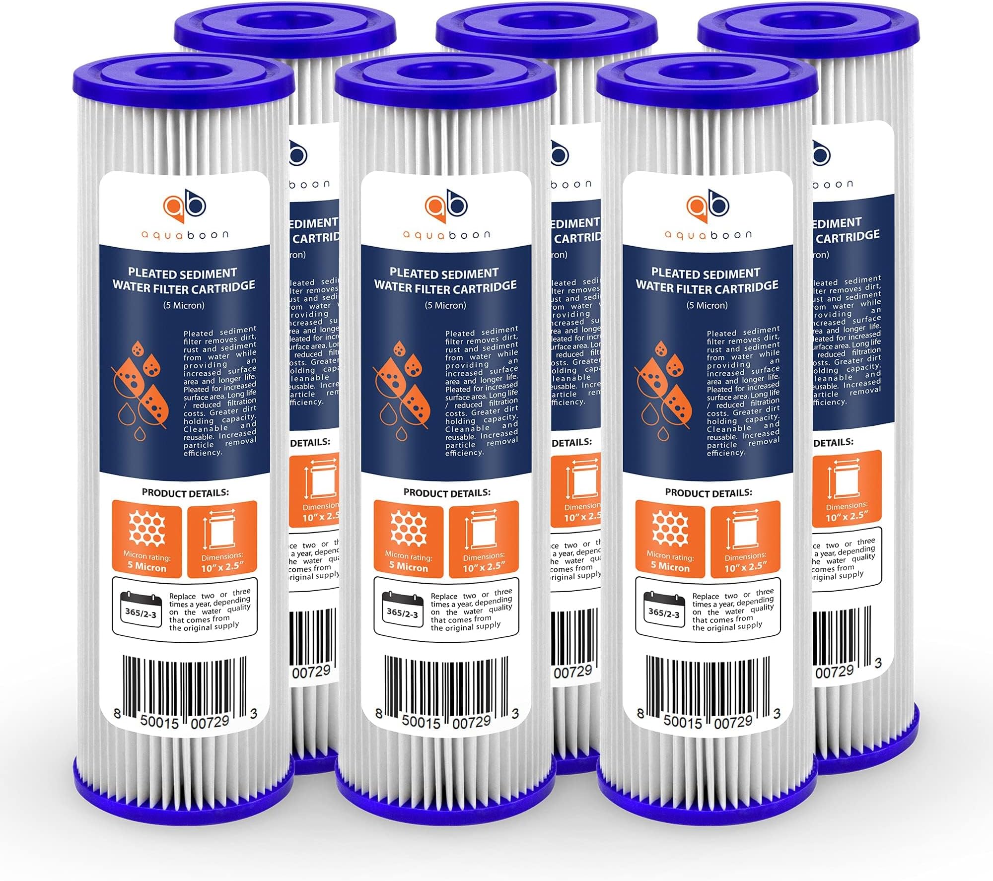 Aquaboon 5 Micron 10" x 2.5" Pleated Sediment Water Filter Cartridge, Universal Replacement for Any 10 inch RO Unit, Compatible with R50, 801-50, WFPFC3002, WB-50W, SPC-25-1050, WHKF-WHPL, 6-Pack