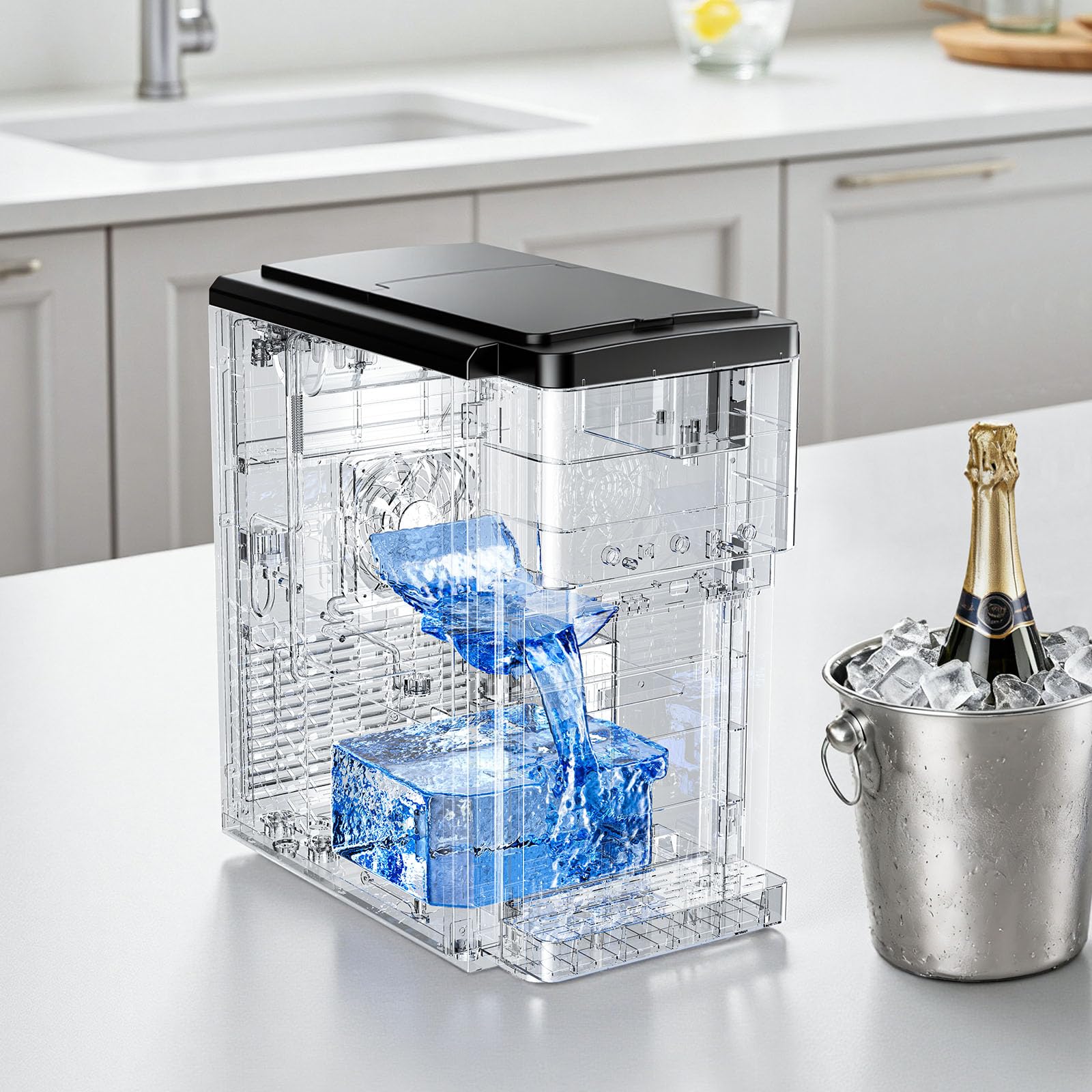 VEVOR Macchina Ghiaccio da Tavolo Multifunzione, Distributore d'Acqua da Tavolo, Produzione Rapida con Contenitore di Stoccaggio, Ghiaccio Sferico o Tritato e Acqua Fredda, per Feste in Cucina