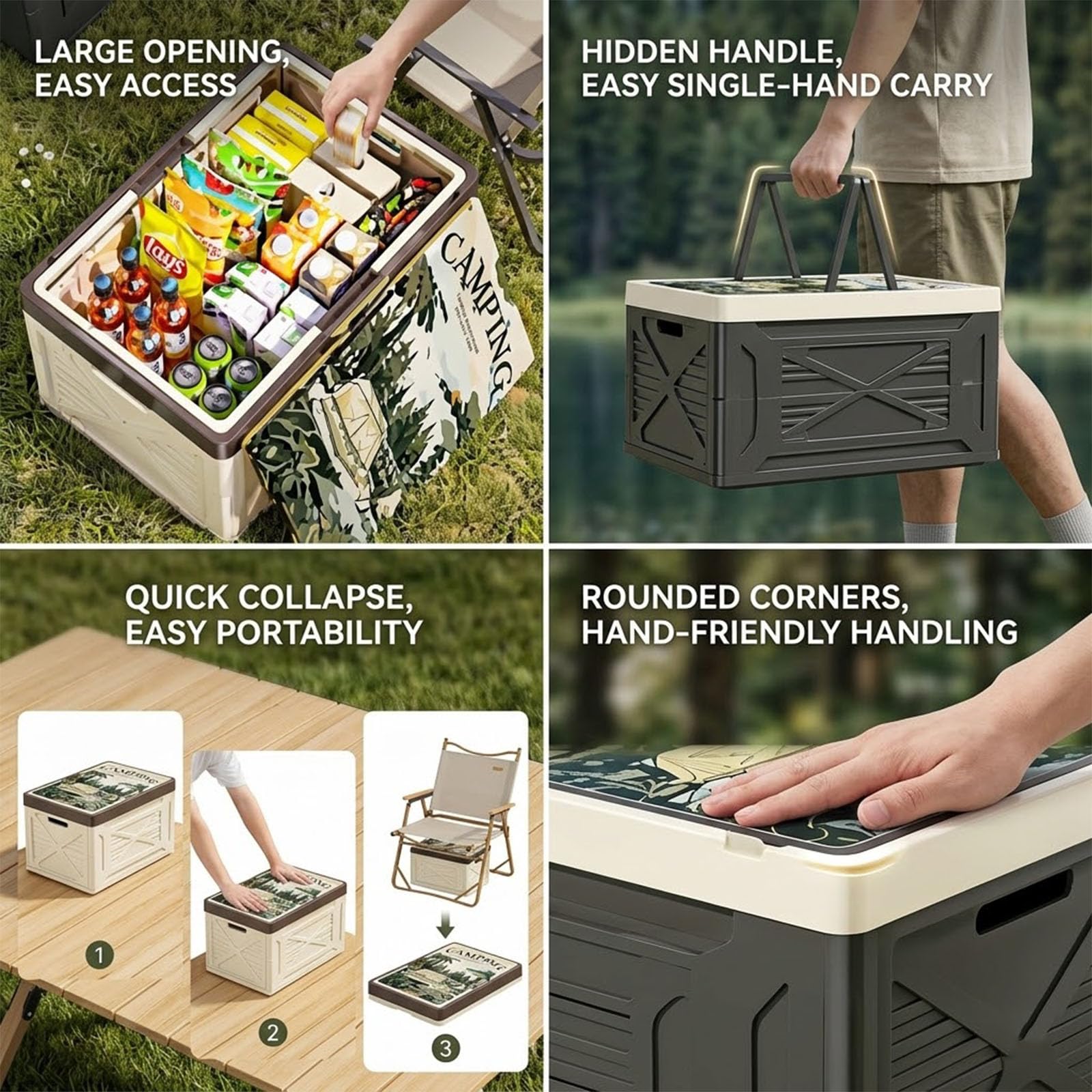 Camping Aufbewahrungsbox mit Holzoptik Deckel, Faltbare Klappbox | Modernes Design für Camping Küche, Auto, Picknick, Wohnmobil und Outdoor Abenteuer