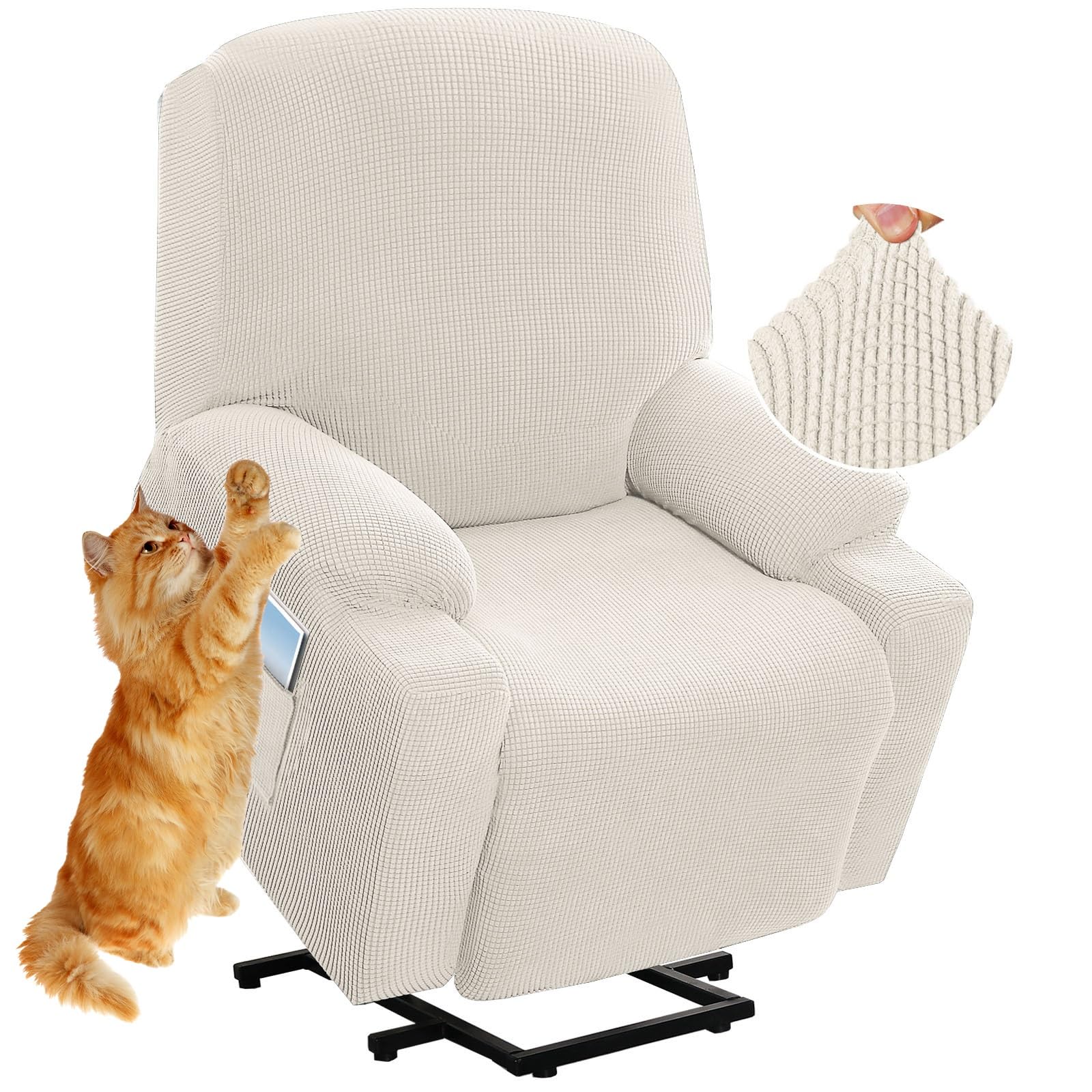 Copripoltrona Relax Reclinabile Universale, Copertura per Poltrona Elettrica Reclinabile per Poltrona Elasticizzato 1 Posto con Tasche, Coprisedile Poltrona Velluto Lavabile Antiscivolo ( Color : Off