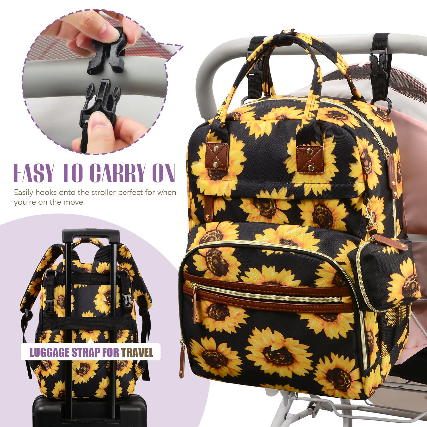 Tuwubi Diaper Bag Backpack, Baby Essentials Travel Tote Bag, Multi function Waterproof Backpacks, Travel Essentials with Stroller Straps & Pacifier Case - Sunflower