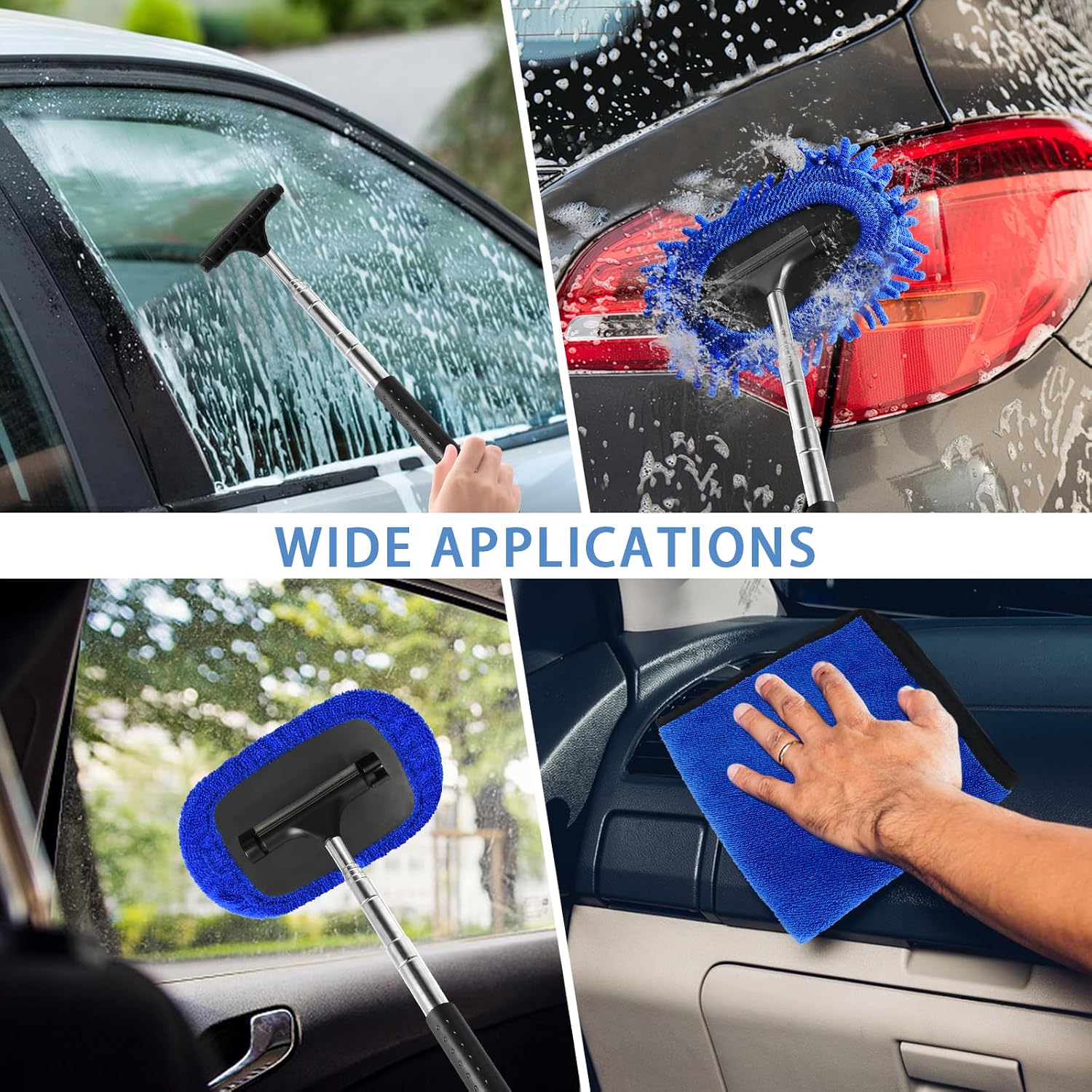 5 PCS Windshield Cleaner Tool, 40 Inch Microfiber Windshield Cleaning Tool with Extendable Handle, Windshield Cleaner Auto Inside Glass Glass Wiper Kit with Washable Microfiber Pads and Cloth