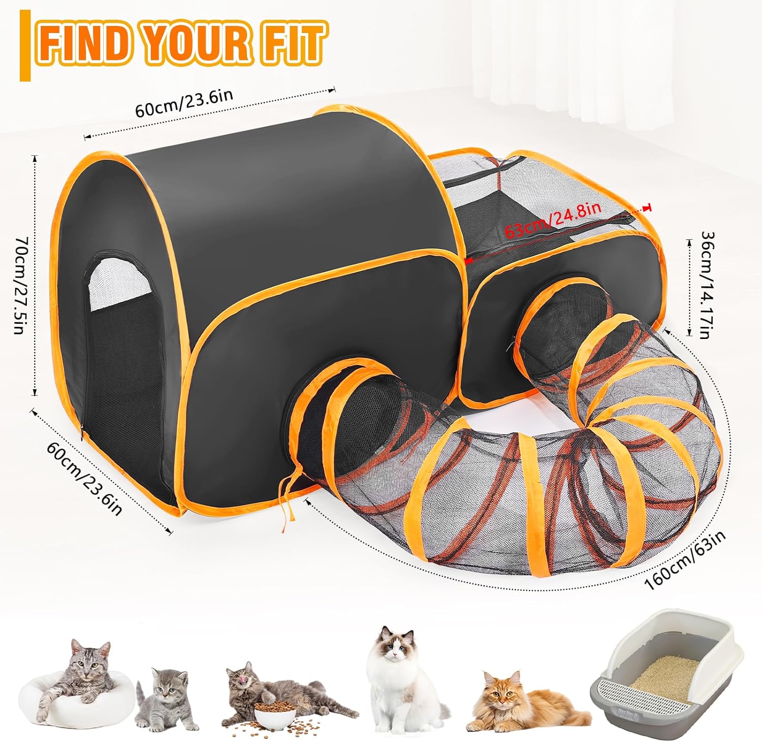 Portable Cat Playpen with Surround Tunnel, 2-Linked-Enclosed Areas, Ideal Cat Tent Outdoor or Cat Playpen for Indoor Cats Enclosed.Breathable Mesh Design for Indoor & Outdoor Use(Black)