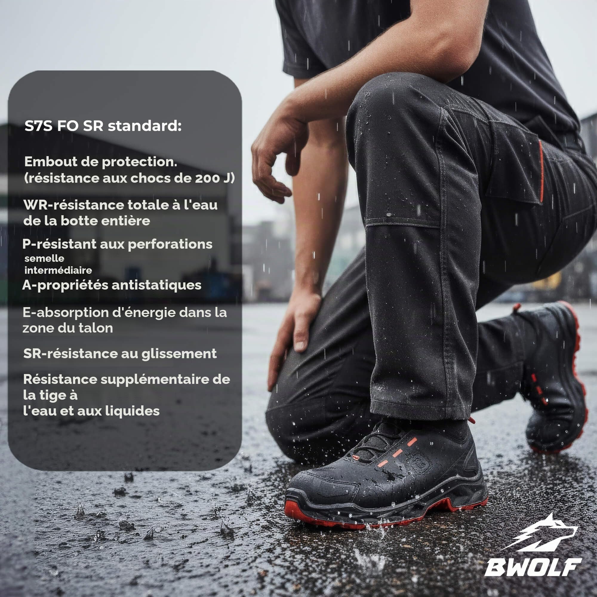 BWOLF Falcon HI S3S Chaussures de travail pour homme en cuir lisse noir avec embout en aluminium, semelle intermédiaire en Kevlar Protection ESD, Noir , 47