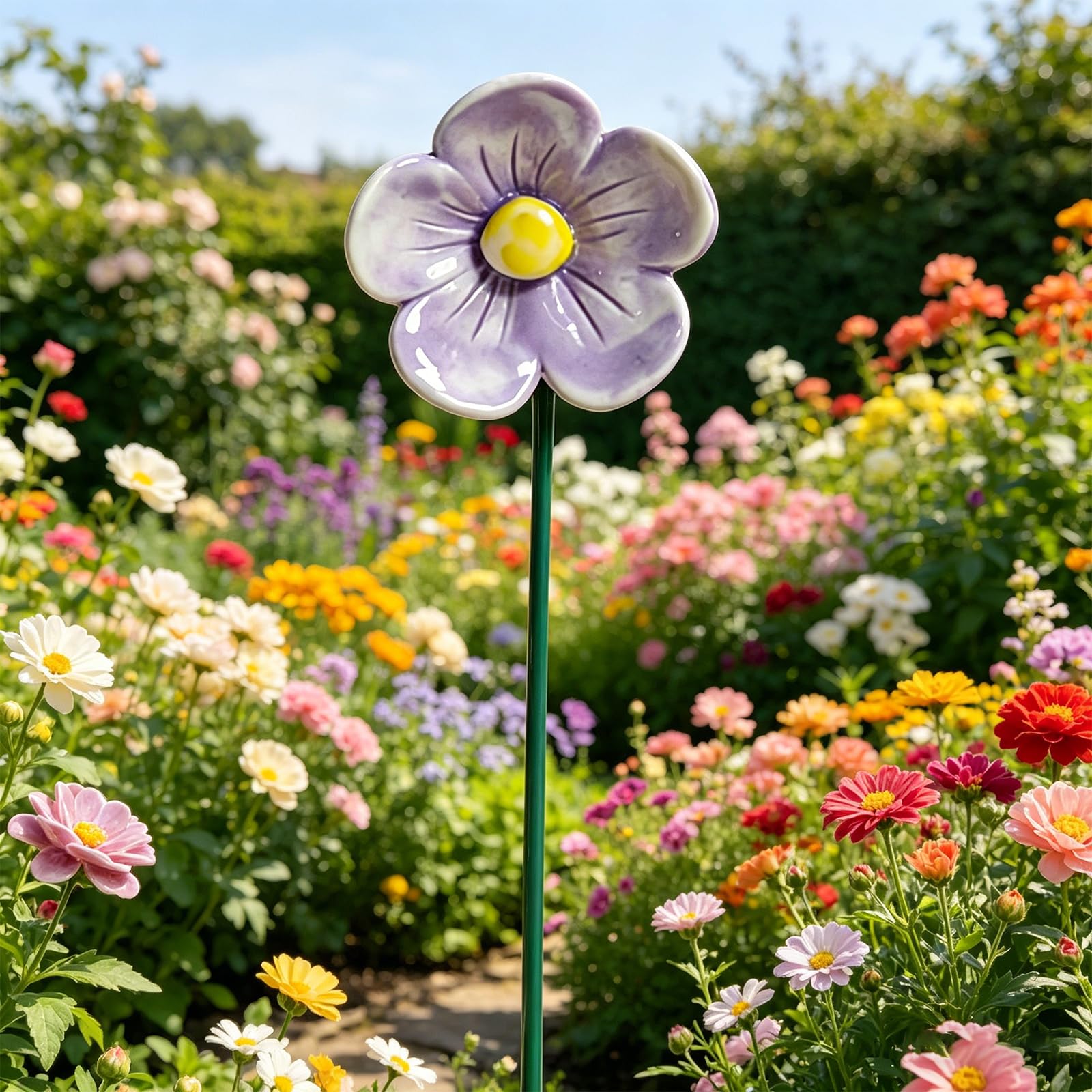 Ceramic Garden Bee Feeder with Ground Stake – Outdoor Bee Bath & Water Dish, Artificial Flower Decor for Bee Friendly Yard, Pollinator Garden Gift, Handmade Bugs Waterer