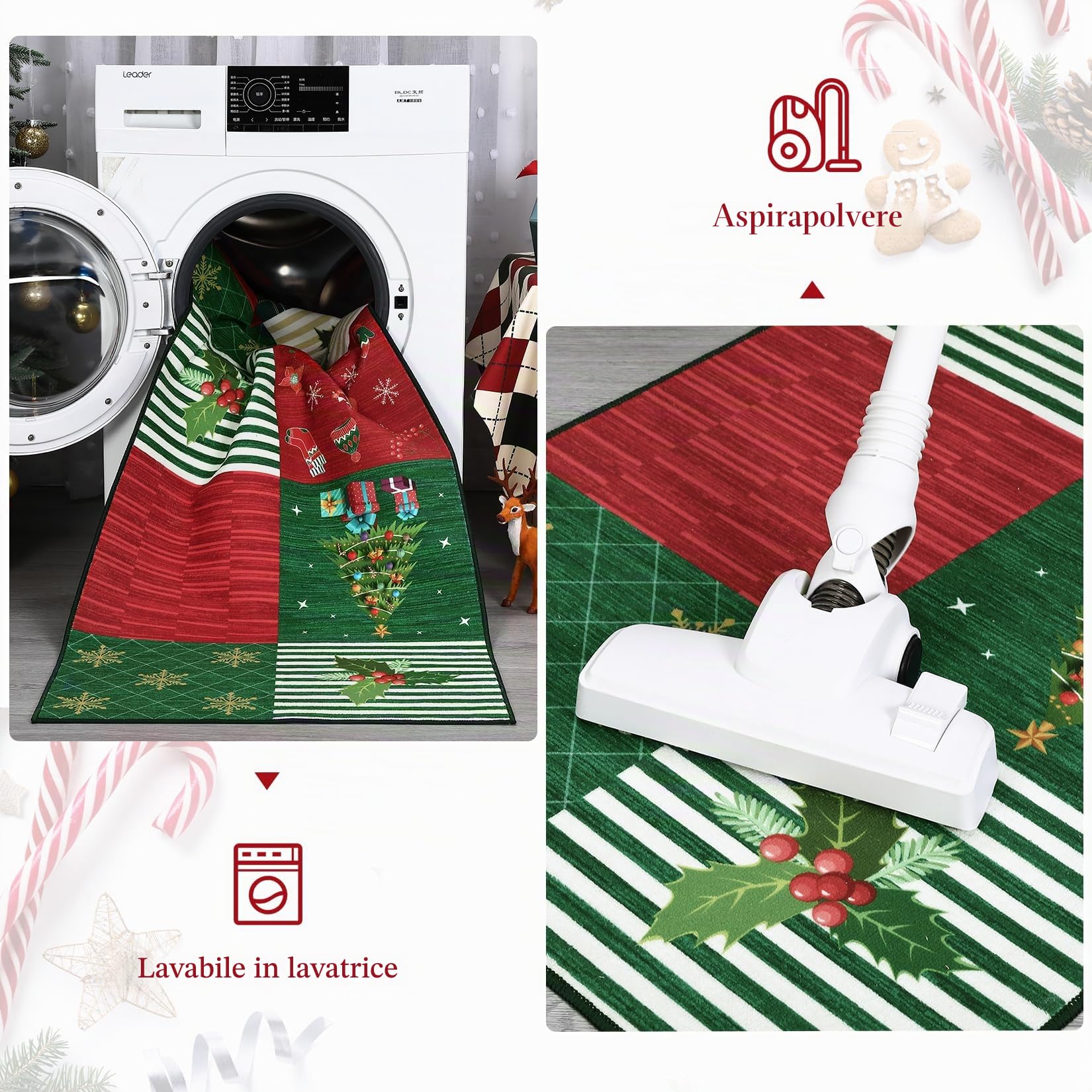 CAROMIO Tappeto per corridoio natalizio antiscivolo e lavabile, con motivo alce, Babbo Natale e fiocchi di neve, tappeto per porta d'ingresso, tappeto per ingresso