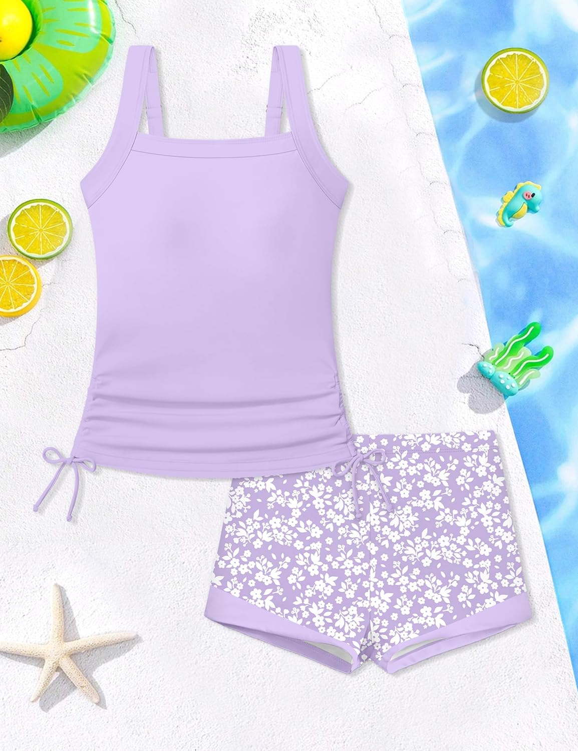 Girls Tankini Swimsuit Two Piece Bathing Suit Square Collar Drawstring Tank Top with Shorts Girls Swimwear for 9-16Y