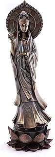 Top Collection Guan Yin Statue Standing on Lotus Pedestal- Quan Yin East Asian Goddess of Compassion and Mercy Sculpture in Premium Cold Cast Bronze - 16.75-Inch Collectible Meditating Buddha Figurine