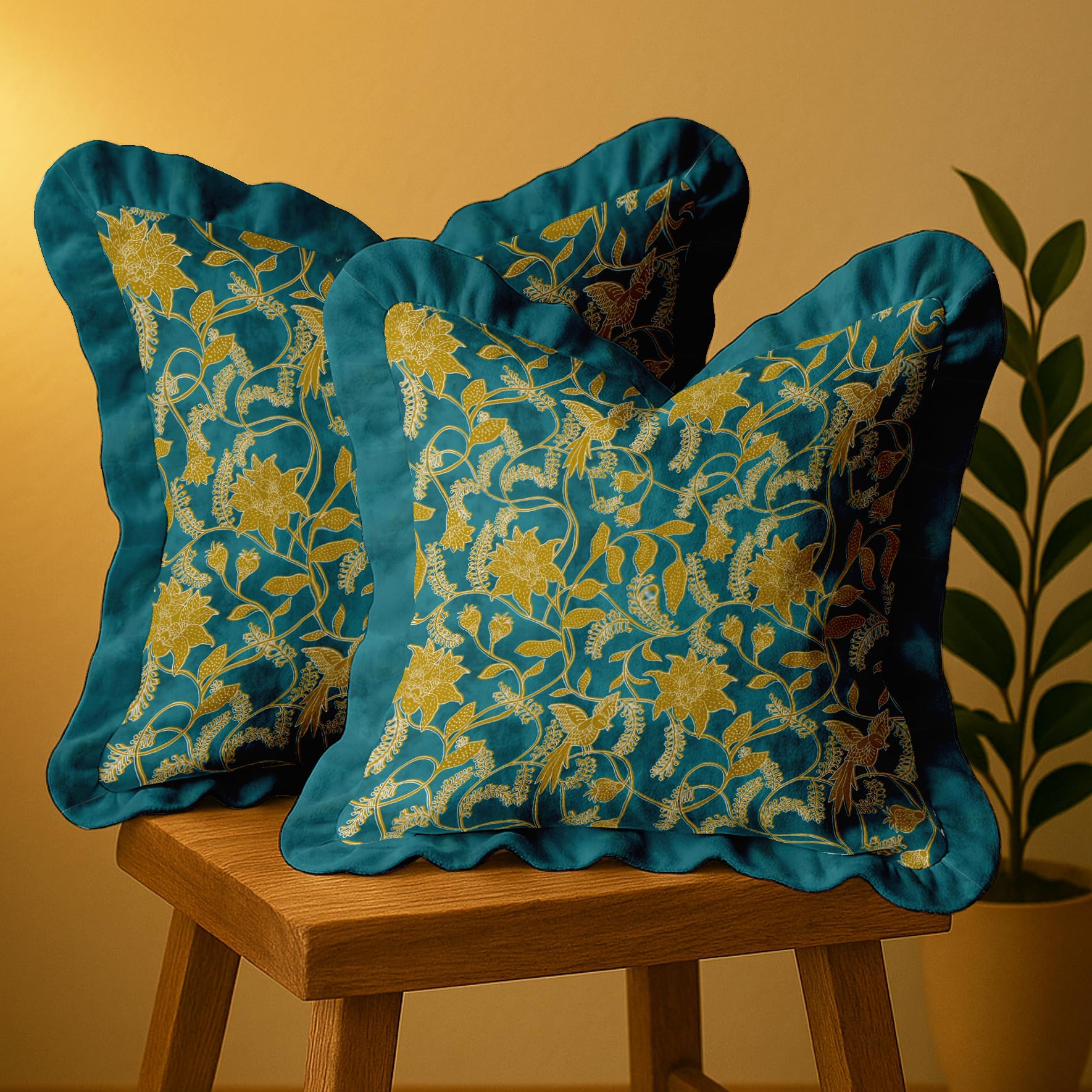 Vargottam Floral Design, Decorative Cushion Covers 16x16-100% Cotton Twill Set of 2 with Ruffle Edges, Farmhouse Print, Concealed Zipper Closure, No Fillers