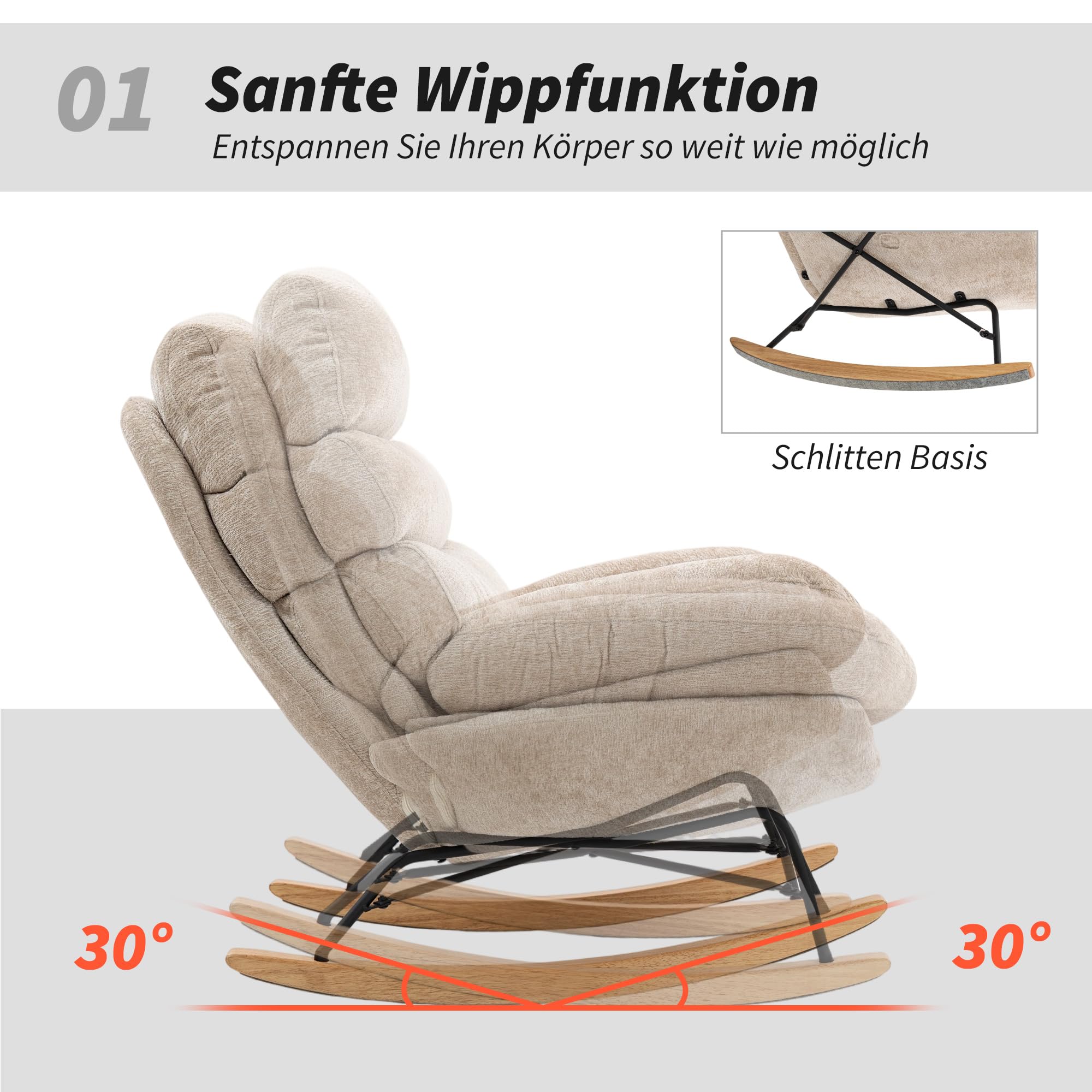 HOMCOM Schaukelstuhl Schaukelsessel mit Rückenlehne Schneidersitz Sessel, gepolstert Relaxsessel mit Chenille-Optik, Holzgestell Schwingsessel, Lesesessel für Wohnzimmer, Cremeweiß