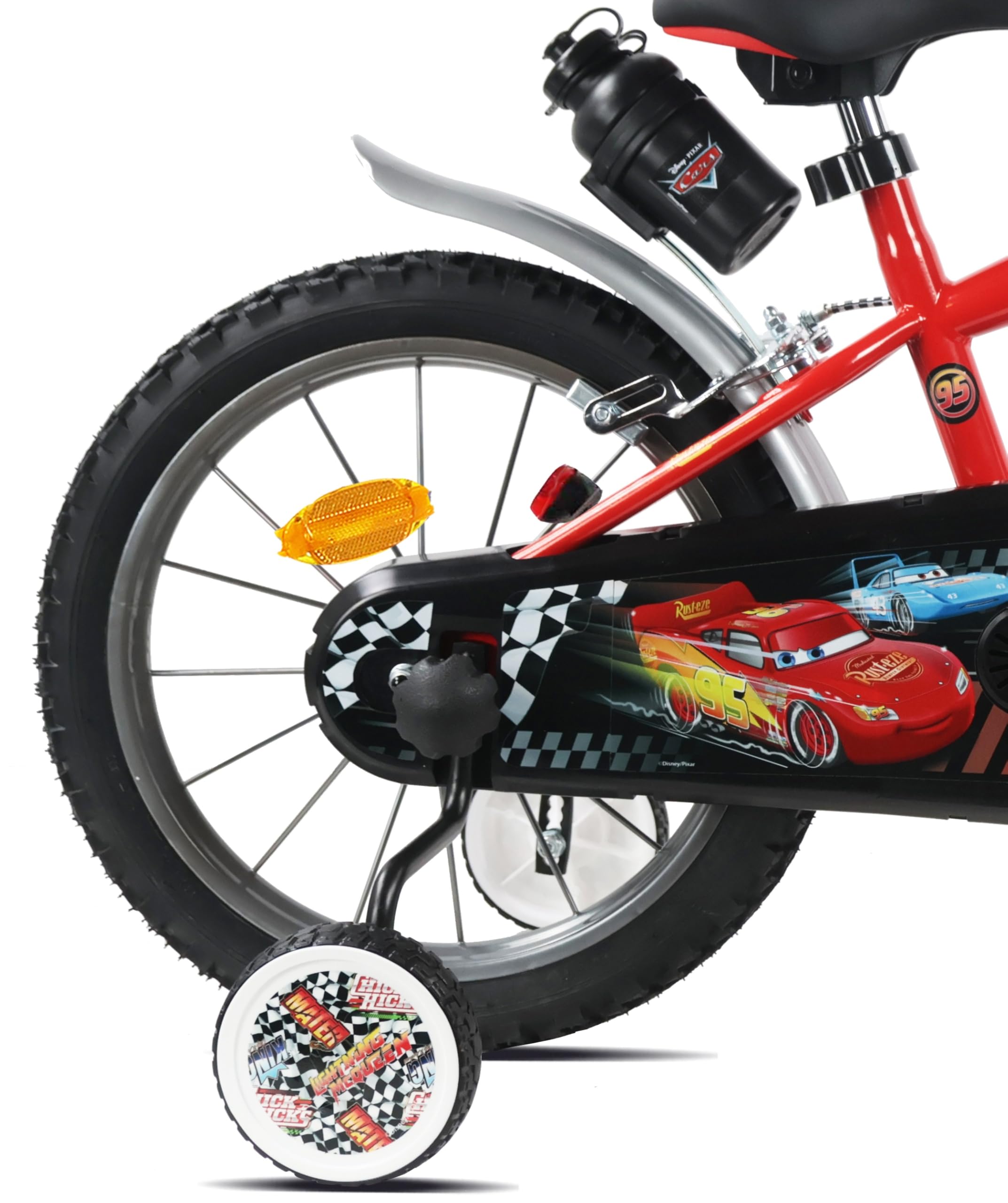 Vélo 16'' garçon Cars de Disney équipé de 2 Freins, Plaque Avant décorative, bidon arrière et stabilisateurs.
