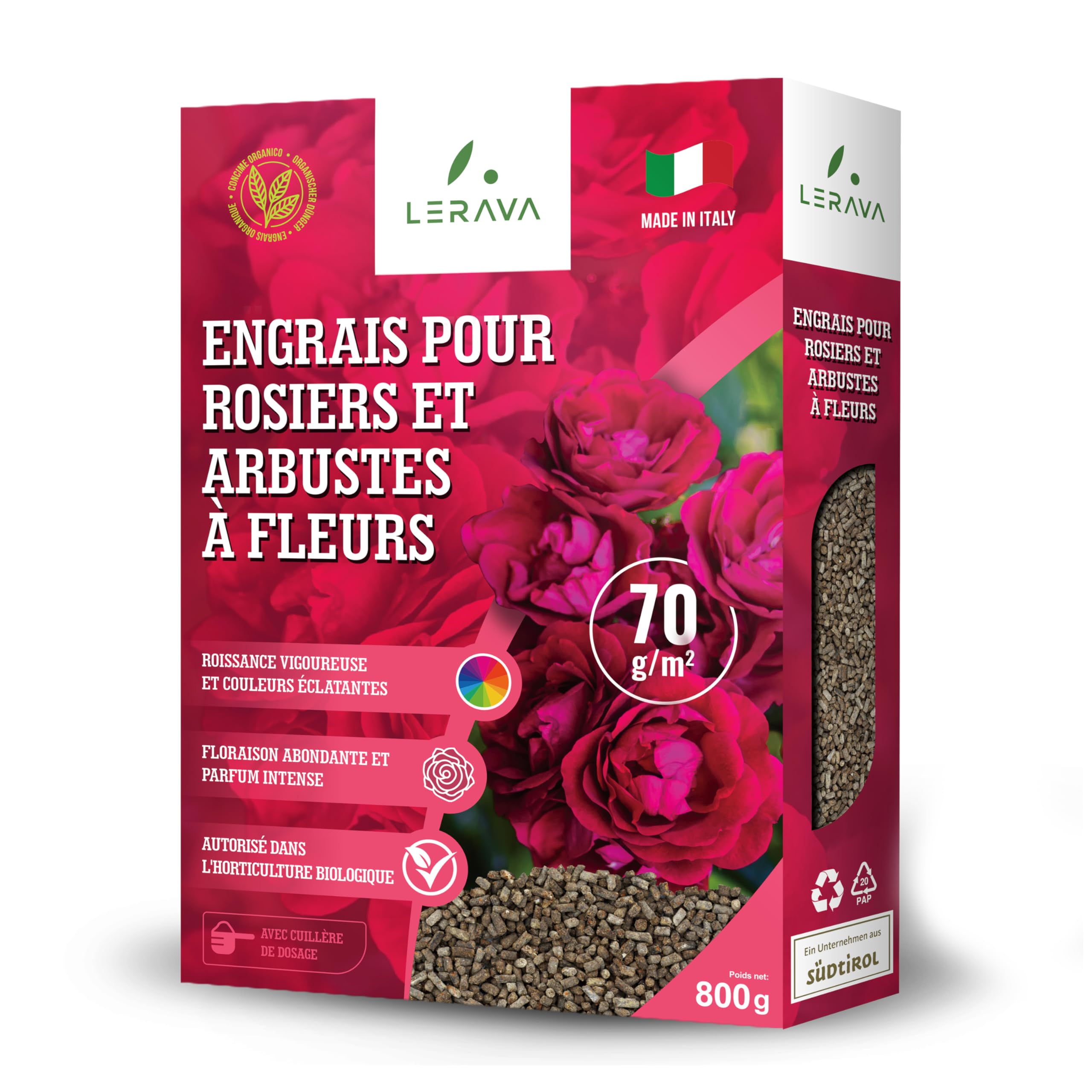 LERAVA® Engrais Rosier et Arbustes à Fleurs (800 g) - Engrais Bio Naturel - Favorise Croissance Vigoureuse et Couleurs Éclatantes - Engrais Rosier Extérieur et Plantes Fleuries - 100% Made in Italy
