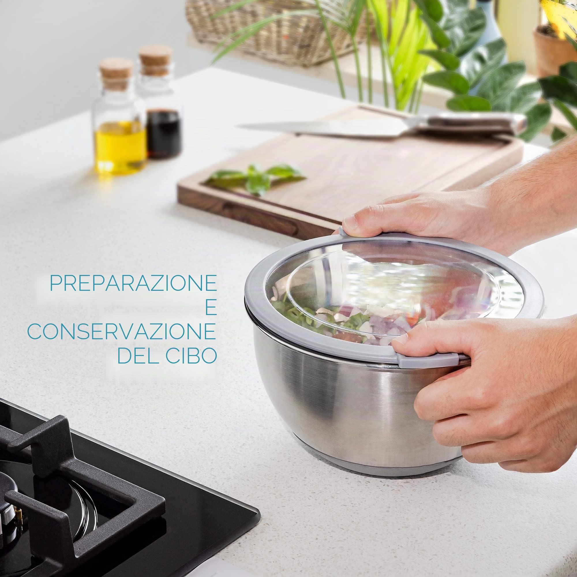Navaris 3X Ciotole Salvaspazio Salvafreschezza - Recipienti Preparazione e Conservazione Alimenti - con Base Antiscivolo - 3X Misure 1,4L 2,8L 4,7L