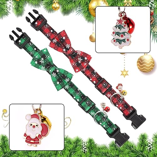 Miniatura 4 de Juego de 2 collares de Navidad para perros con lazos, diseño de copos de nieve a cuadros con campanas y árbol de Navidad, Papá Noel, perro para