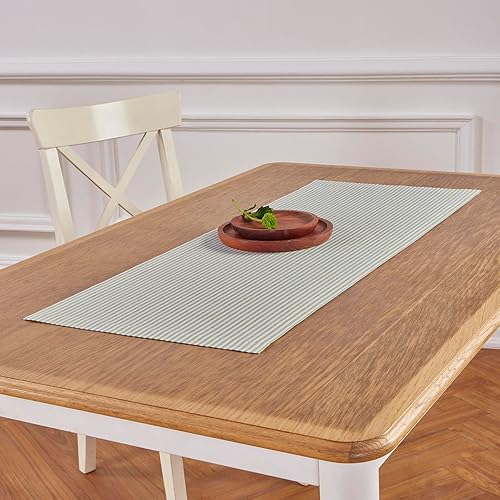 Miniatura 4 de Solino Home Camino de mesa de lino a rayas de 36 pulgadas, 100% lino puro, 14 x 36 pulgadas, aguacate y rayas estrechas blancas, camino de mesa