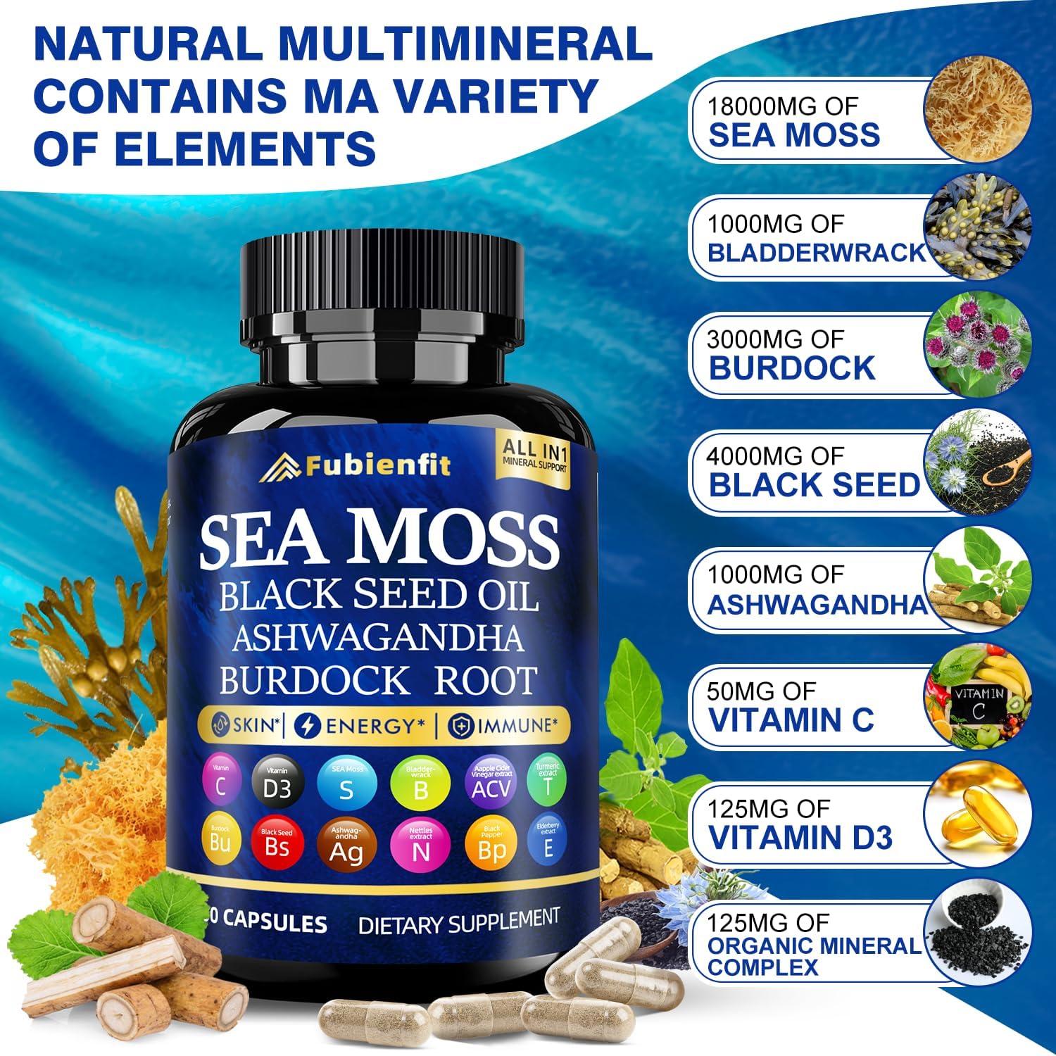 Organic Sea Moss Capsules - Contain seamoss Black Seed Oil ashwagandha Burdock Root Ginger & Essential Vitamins - Superfood for Immune Boost, Digestive Health, Overall Wellness, 60 Capsules - Image 3
