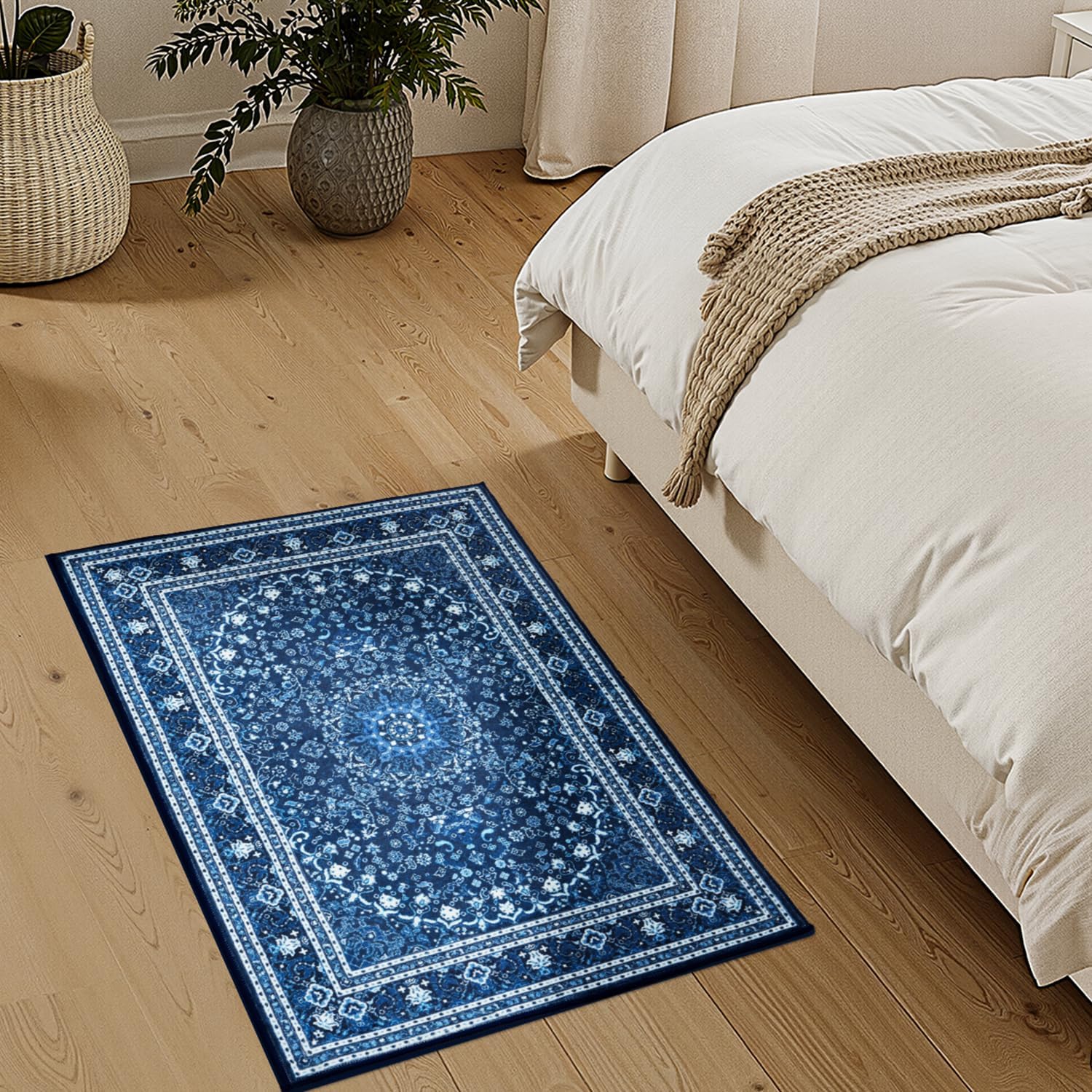 Lessymo 2 x 3 Entryway Rug - Machine Washable Area Rugs Boho Faux Wool Low Pile Area Rug for Bedroom, Floral Medallion Vintage Outdoor Rugs with Non-Slip Rubber,Blue White