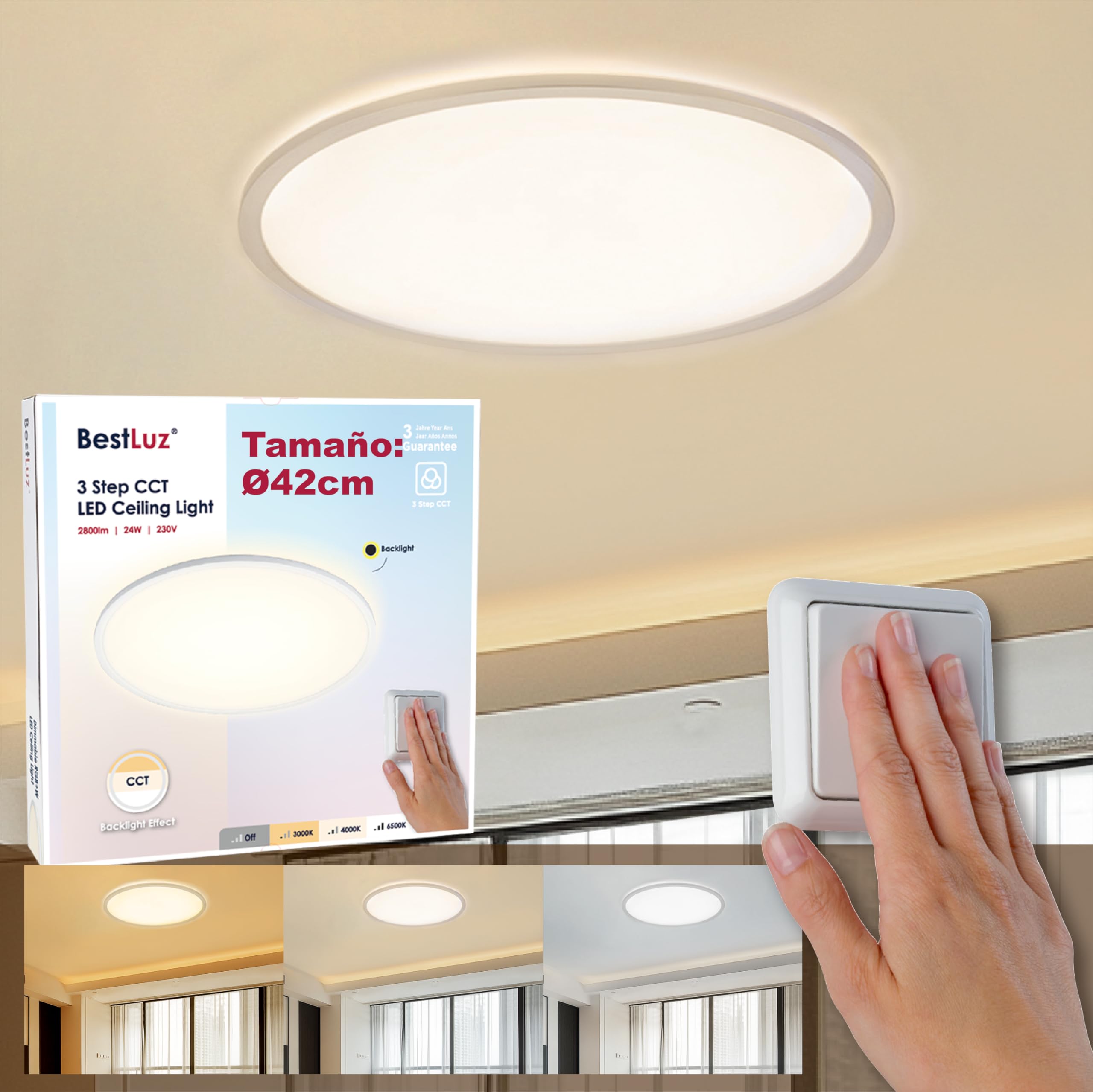 BestLuz LED Lámpara de Techo, Tres Etapas Ø42CM 3000K/4000K/6500K 24W 2800LM, con Panel LED de Efecto de Retroiluminación, Adecuada Para Baño, Dormitorio, Ultradelgada