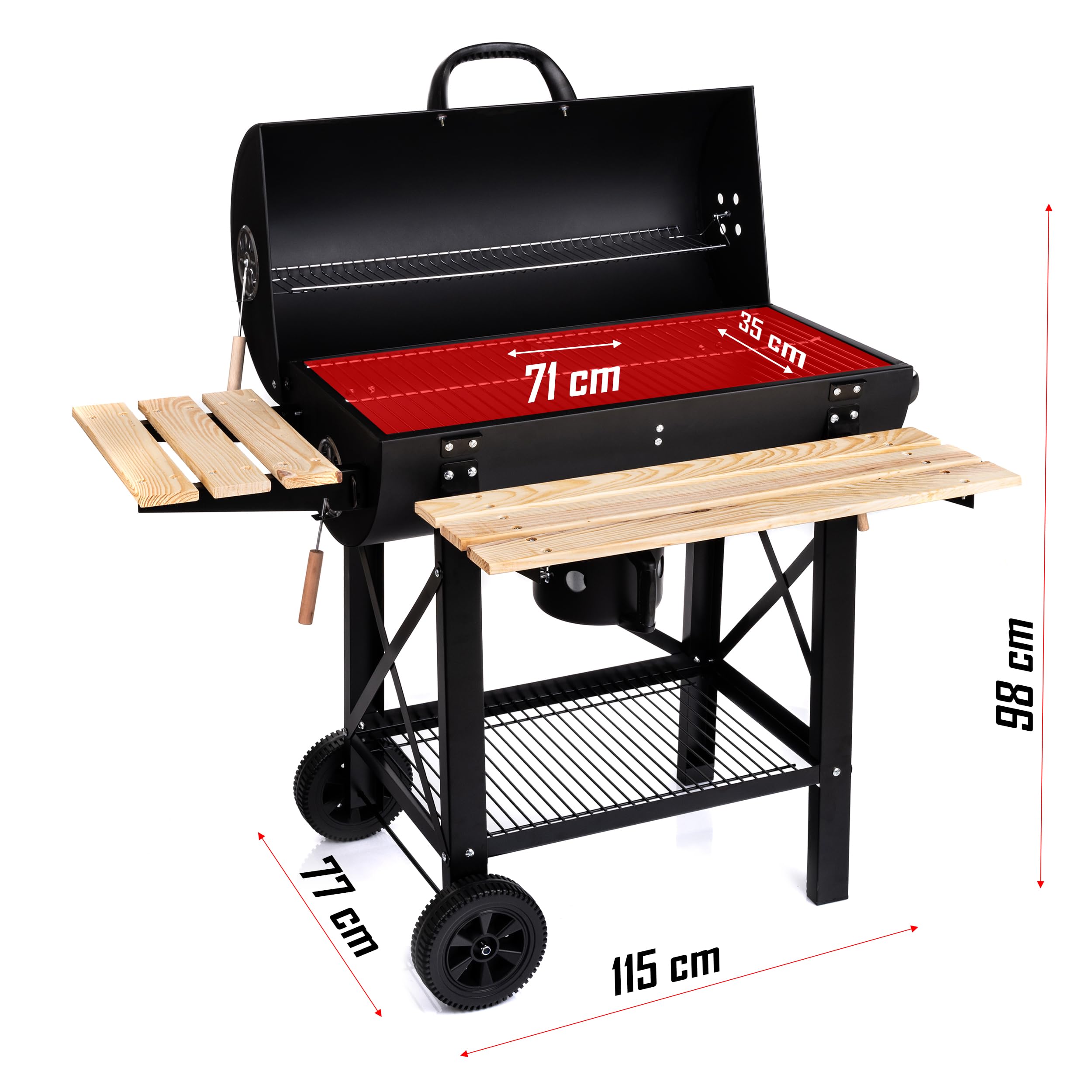 LEHMANN Holzkohlegrill mit Grillrost XL, Grillwagen mit 2 Holzeinlegeböden, Deckel, Rädern und nicht wärmender Griff, Kohlegrill für Garten, Terrasse, Camping