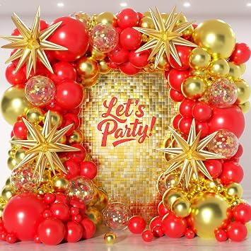 153Pcs Red and Gold Balloons Garland Arch Kit with Stars - 22 18 12 10 5 inch Different Size Red Metallic Gold Confetti Latex Balloon for Birthday Valentines Day Wedding Party Decorations