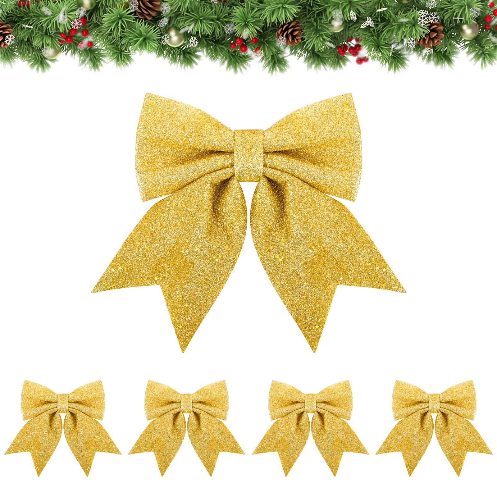 Wolkstello Lazos Arbol Navidad Dorado, 5 Piezas Lazos Navidad Grandes, Lazos para Arbol Navideño Brillante, Adornos Arbol Navidad para Corona Navideña Regalo Boda Fiesta Decoración