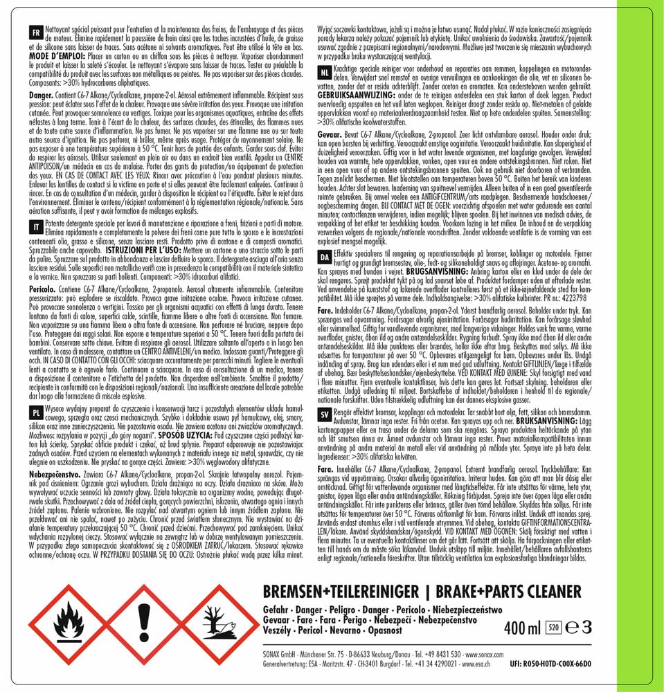 SONAX Detergente per Freni e componenti (400 ml) per lavori di Manutenzione e Riparazione su Freni, frizioni e Parti del Motore | Art. N. 04834000