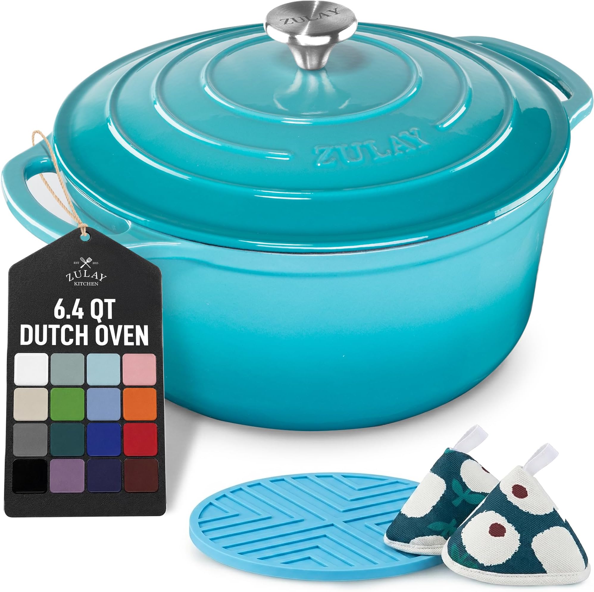 Zulay Kitchen 6.4QT Enameled Cast Iron Dutch Oven Pot with Lid, Heavy-Duty Soup Pot for Stews, Braising, Roasting & Sourdough Bread Baking, Oven Safe up to 500°F - Light Blue