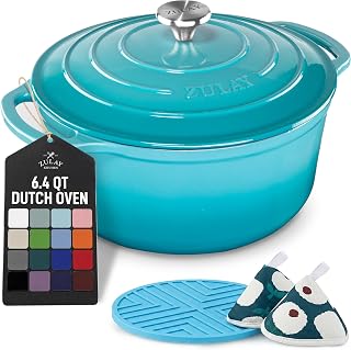 Zulay Kitchen 6.4QT Enameled Cast Iron Dutch Oven Pot with Lid, Heavy-Duty Soup Pot for Stews, Braising, Roasting & Sourdough Bread Baking, Oven Safe up to 500°F - Light Blue