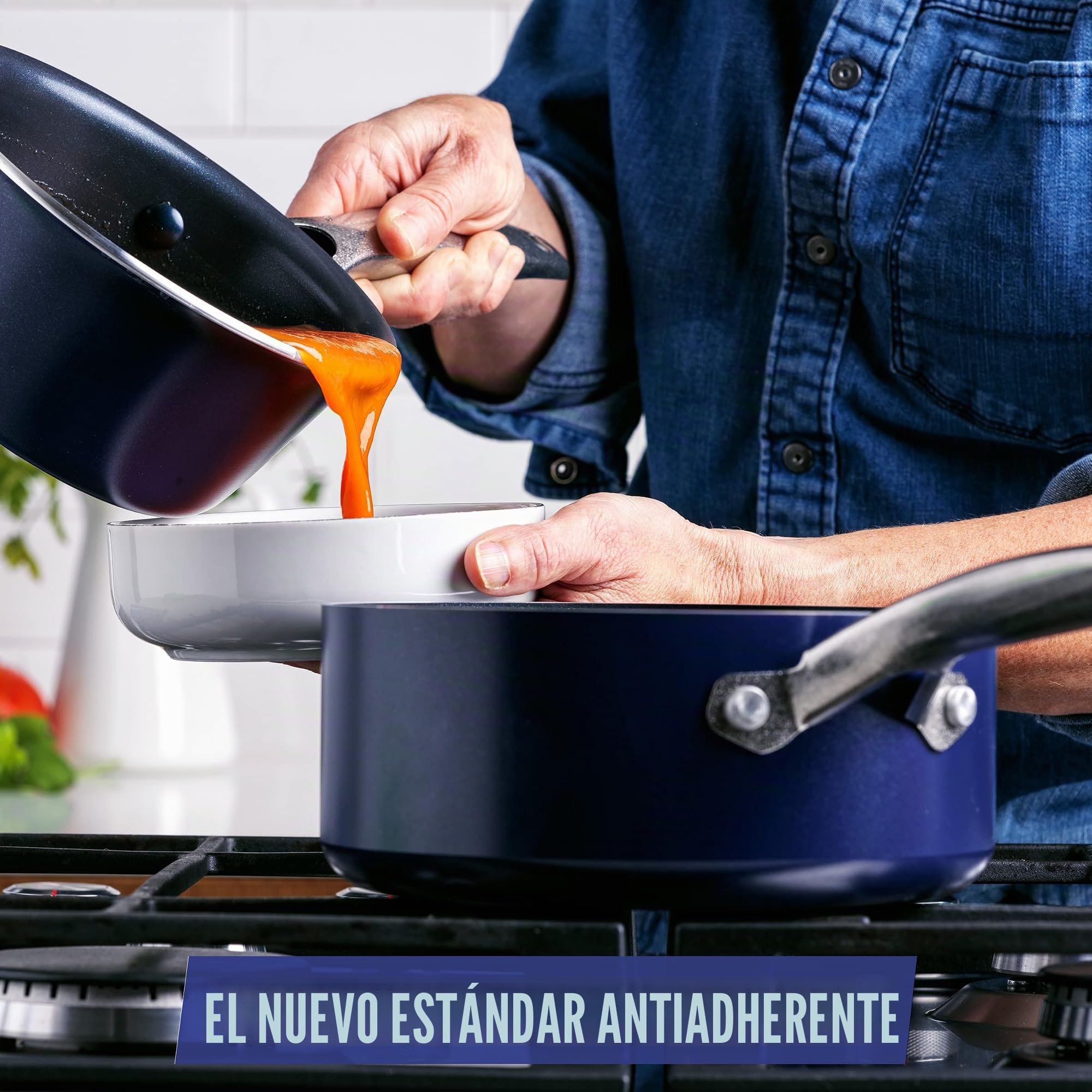 Blue Diamond Cookware Batería de Cocina Antiadherente de Ceramica Infuso de Diamantes, 7 piezas, Incluye Sartén, Cacerola, Aluminio, Sin PFAS, Inducción, Horno y Lavavajillas, Azul