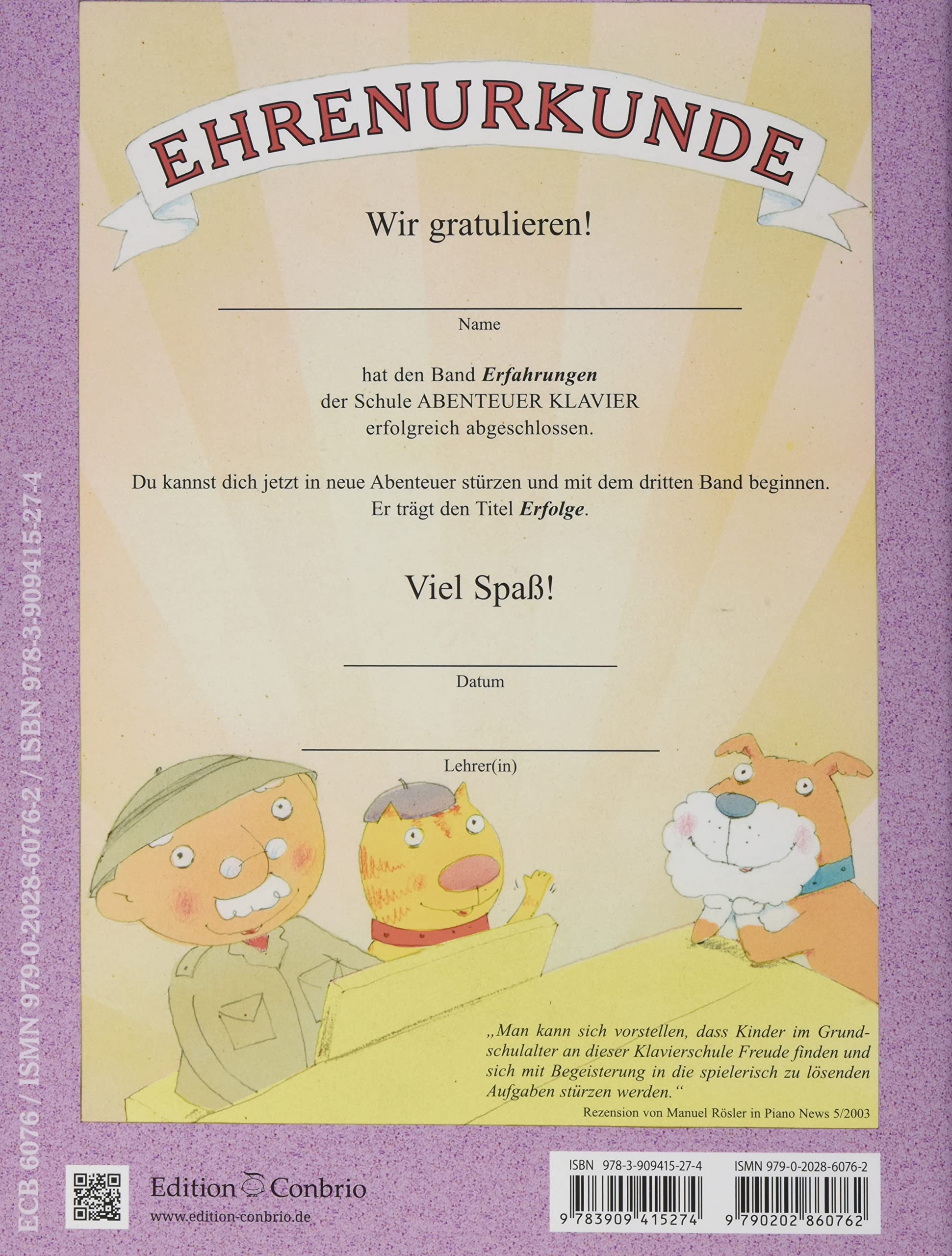 Abenteuer Klavier, Erfahrungen (2. Hauptband): Klavierschule für Kinder