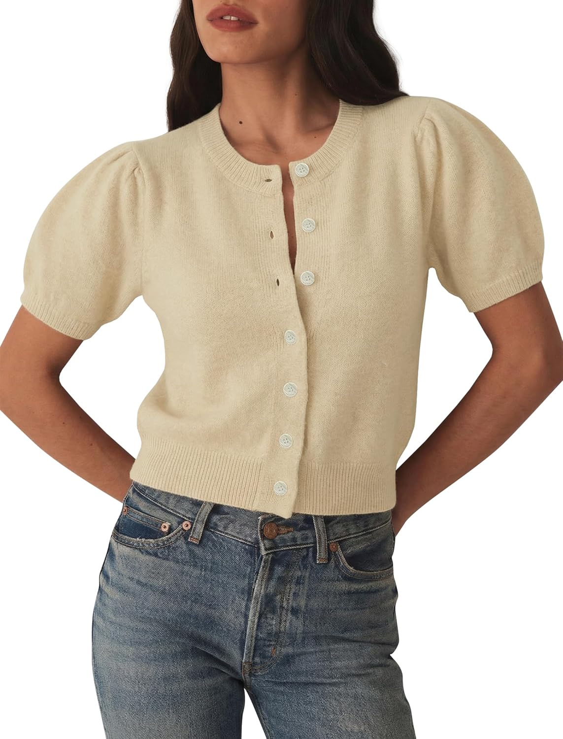 Womens Puff Short Sleeve Cardigan Sweaters Cropped Button up Lightweight Y2k Knit Summer Cardigans - Image 2