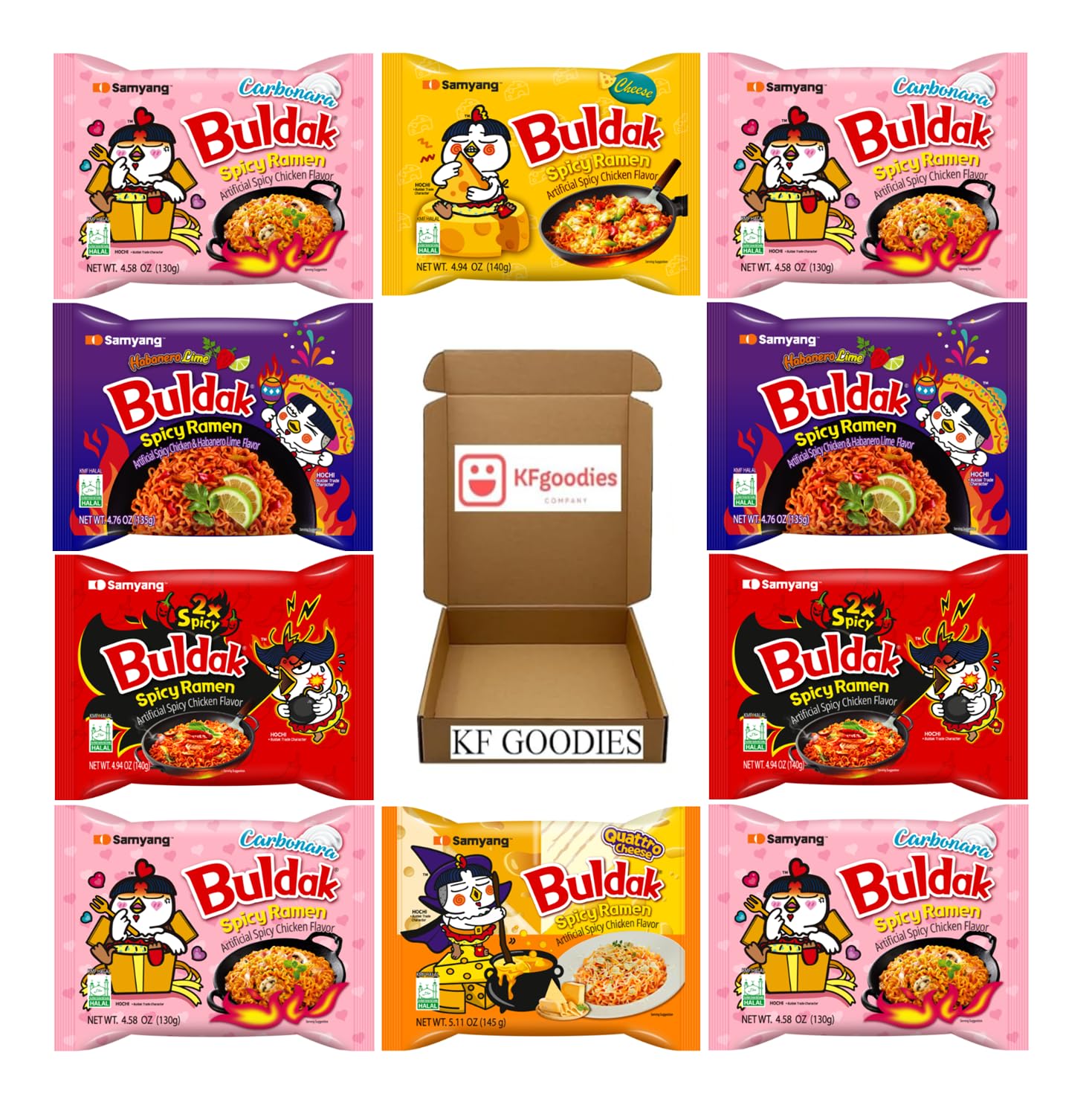 Samyang Buldak Hot Spicy Chicken Ramen Noodle Korean Stir-Fried Ramen (10 Pack, 2X Spicy (2), Habanero Lime (2), Carbonara (4), Cheese (1), Quattro Cheese (1))