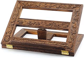 DoubleFill Adjustable Wooden Bible Stand Carved Bible Holder Missal Stand Book Display for Reading Folding Religious Prayer Wooden Holy Book Holder 12.99 x 10.04 Inches(Dark Brown)