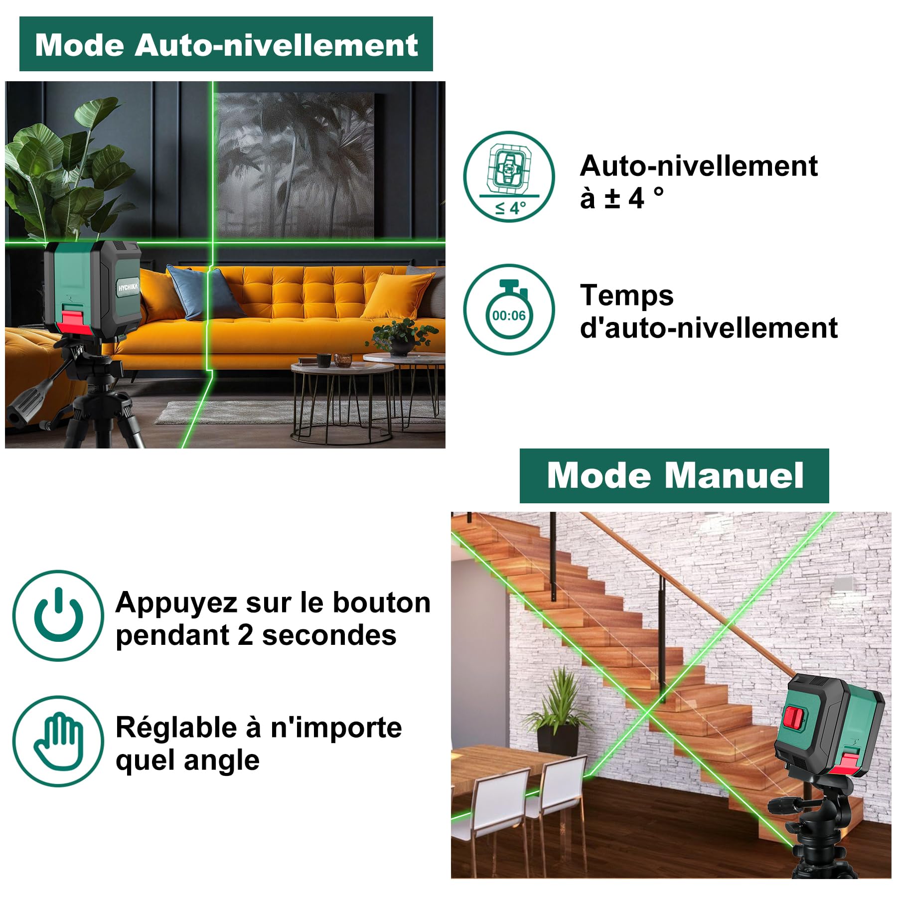 HYCHIKA Niveau Laser 15M, Autonivelant Laser Vert avec 3 Niveaux de Luminosité Réglables, Niveaux Laser avec Support pour Décoration de Maison, 2 Piles AA