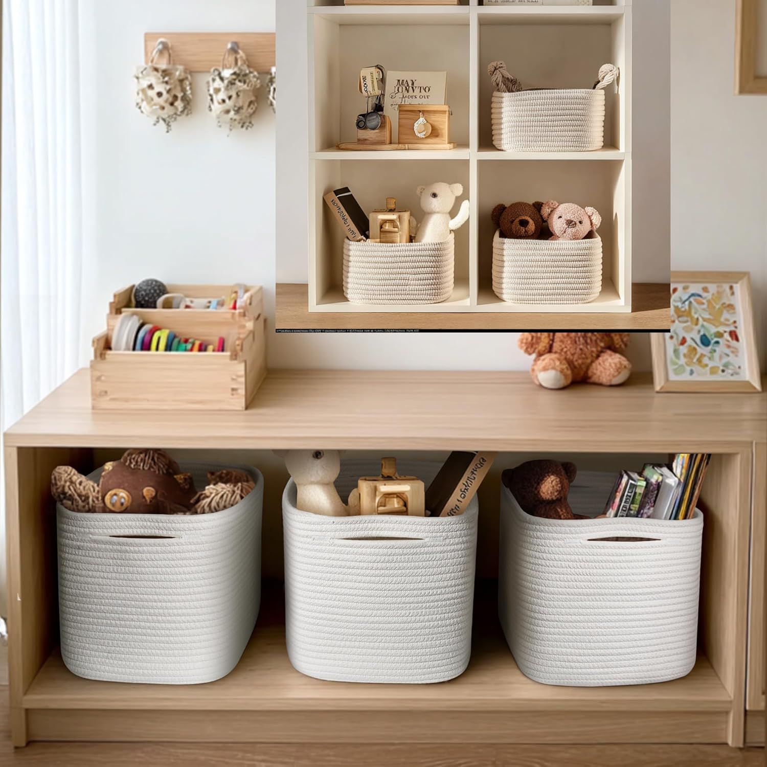 White Baskets for Organizing, 3 Pack Woven Cotton Rope Storage Baskets for Shelves, Decorative Closet Bin, Cute Fabric Storage Bins for Bathroom, Toys, Towels, Clothes, Shoes Organization