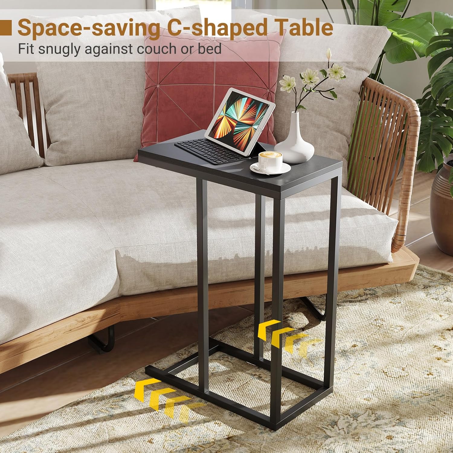 Tangkula Sofa Side Table, C Shaped End Table for Sofa Couch and Bed, Snack Table Slide Under Couch End Table for Living Room, Black