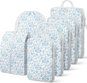 Compression Packing Cubes，Luggage Packing Organizer Bag Expandable Travel Organizer Cubes For Carry On Luggage Suitcase Travel Essentials Accessories for Women Men (Blue Flowers, 7 pcs)