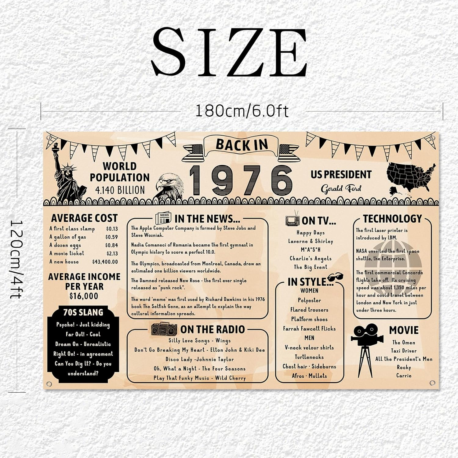 Back in 1976 Backdrop Large Wall Banner, Retro Style Happy 50th Birthday Wedding Anniversary 50 Years Class Reunion Poster Background for Men Women Party Decorations Supplies - Image 2