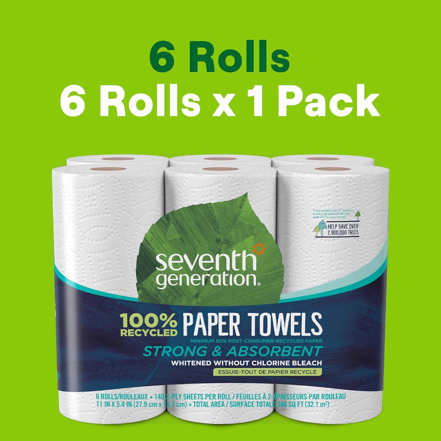 Seventh Generation Paper Towels, 100% Recycled Paper, 2-ply, 6 Rolls (Packaging May Vary)
