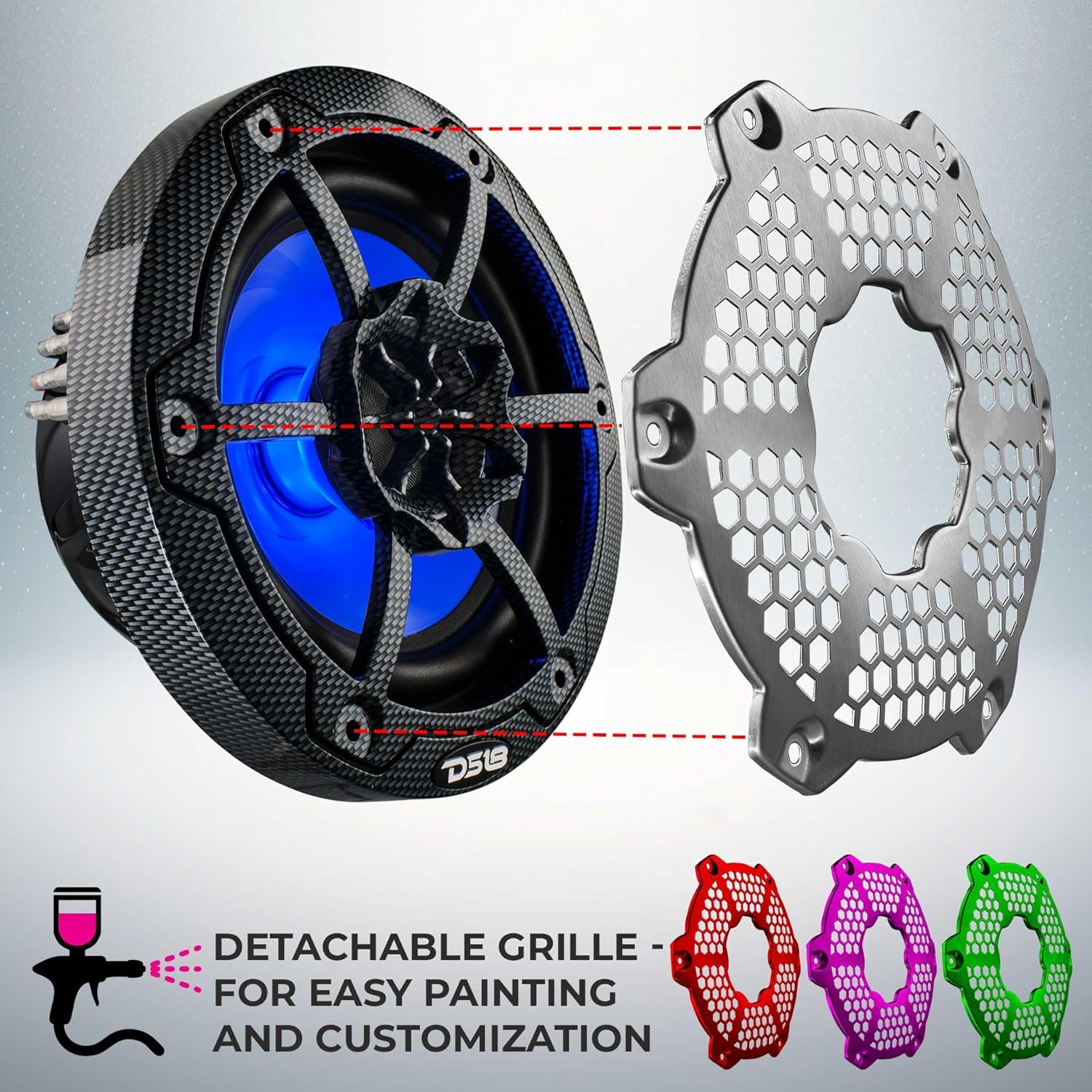 DS18 CF-65M 6.5" Marine Speakers 2-Way with Integrated RGB Lights, Black Carbon Fiber, 100% UV Stable - Water Resistant Speakers, Grills Included, Pair