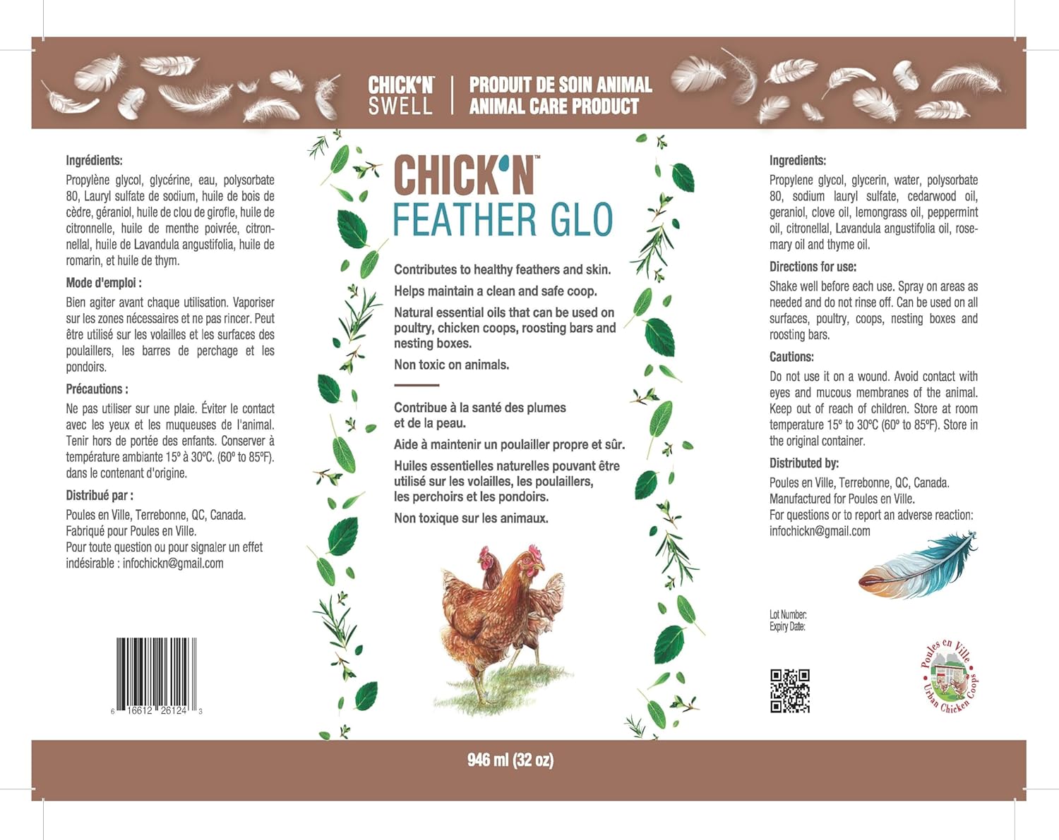 Poultry Feather and Plumage Care Formulation- Chick’n Feather Glo from Chick’n Swell to Enhance and Promote Strong Plumage in Poultry with Optimal Feathers Development. 32 Fluid oz.