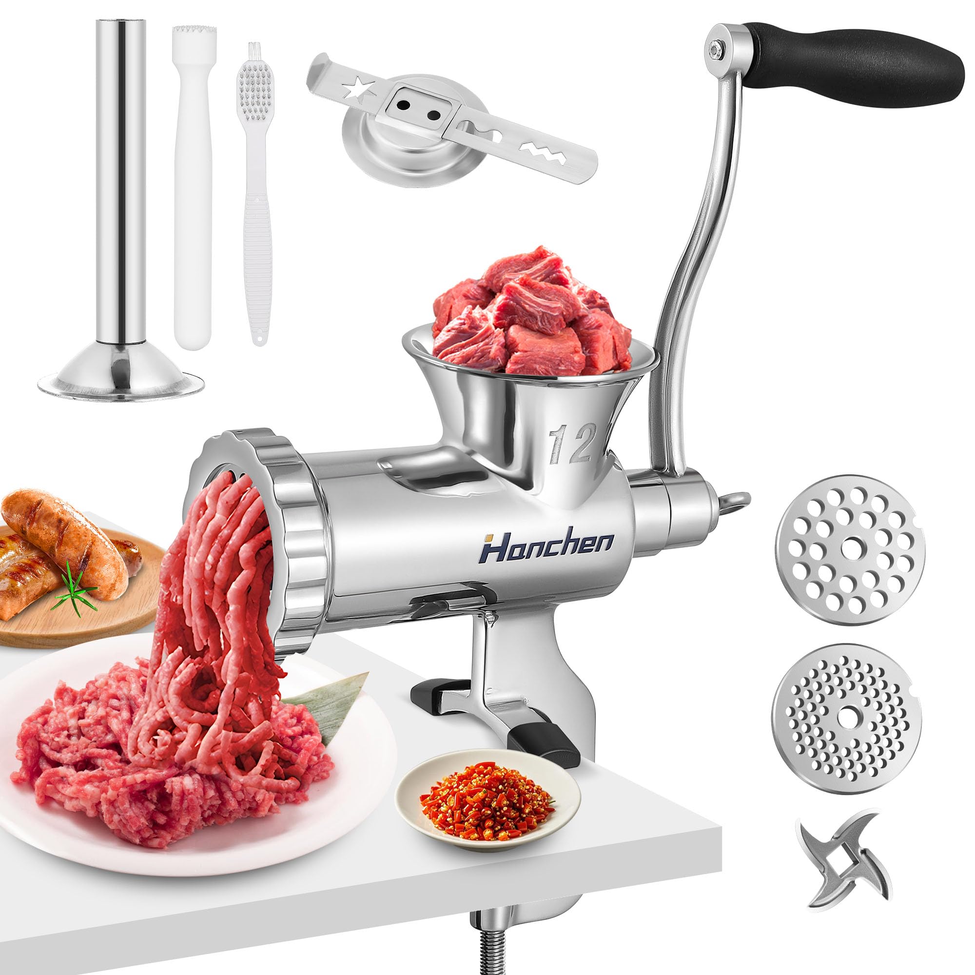 Hanchen Manuel Hachoir à Viande Acier Inoxydable Multifonction Domestique Lavement Garnissage Saucisse avec assiette 4,5 mm/8 mm, pour porc poulet poisson légumes