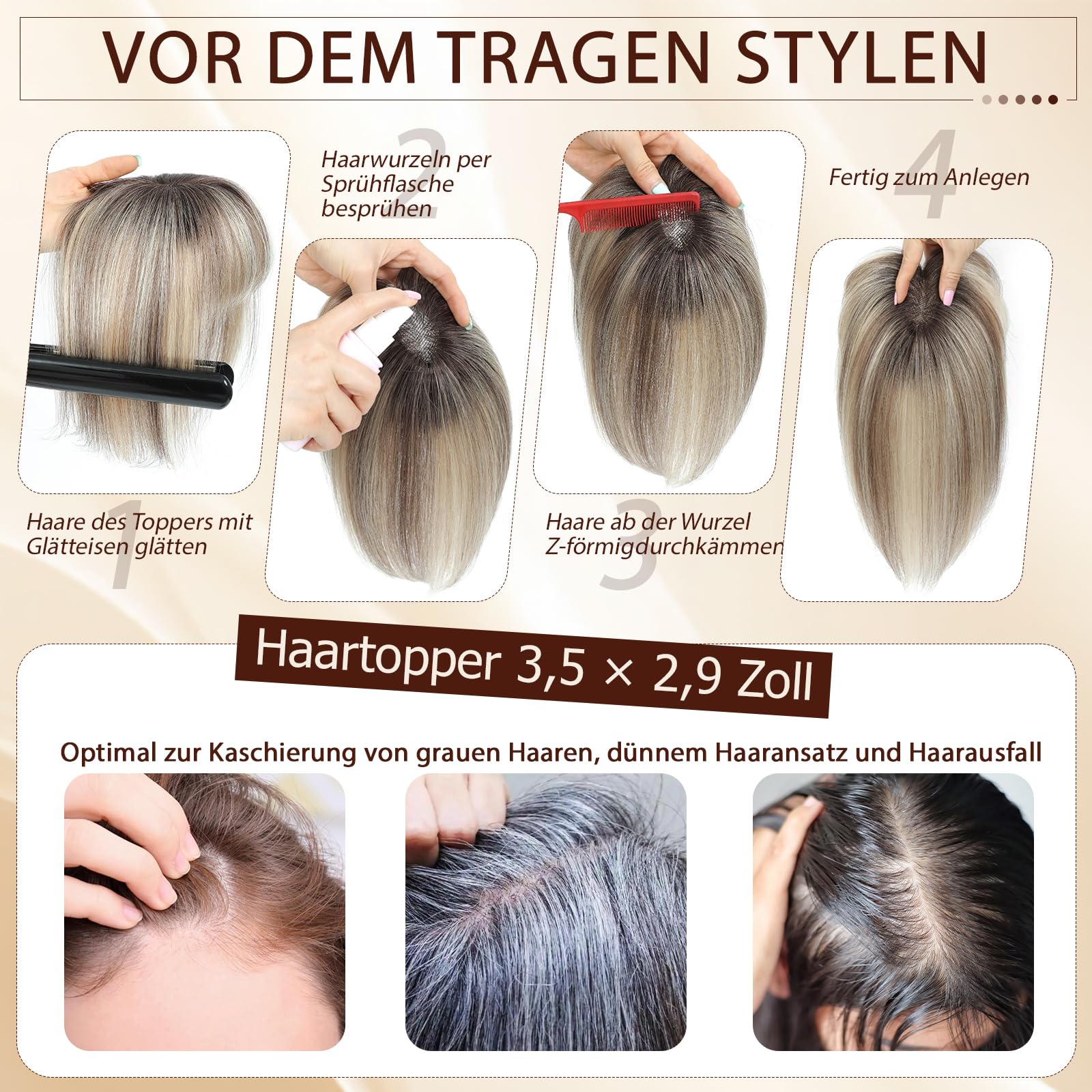 Echthaar-Topper für Frauen, Natürliche Echthaar Haarteile bei dünnem Haar, Damen Topper mit Pony, 10 Zoll zur Abdeckung grauer Haarpartien (Ombre Light Brown with Blond Highlight)