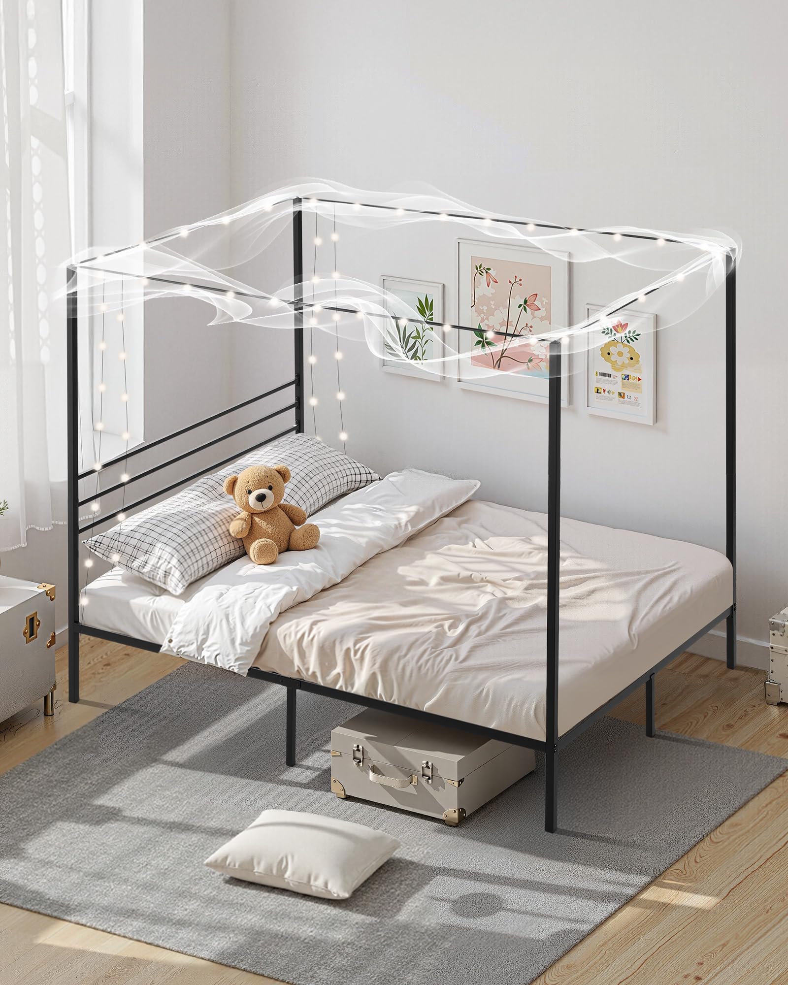 VEVOR Letto a Baldacchino Matrimoniale, Letto in Metallo con Testiera Minimalista e Design a Baldacchino, Robusto Supporto a Doghe in Acciaio Quadrate, Non Necessita di Materasso a Molle, Nero