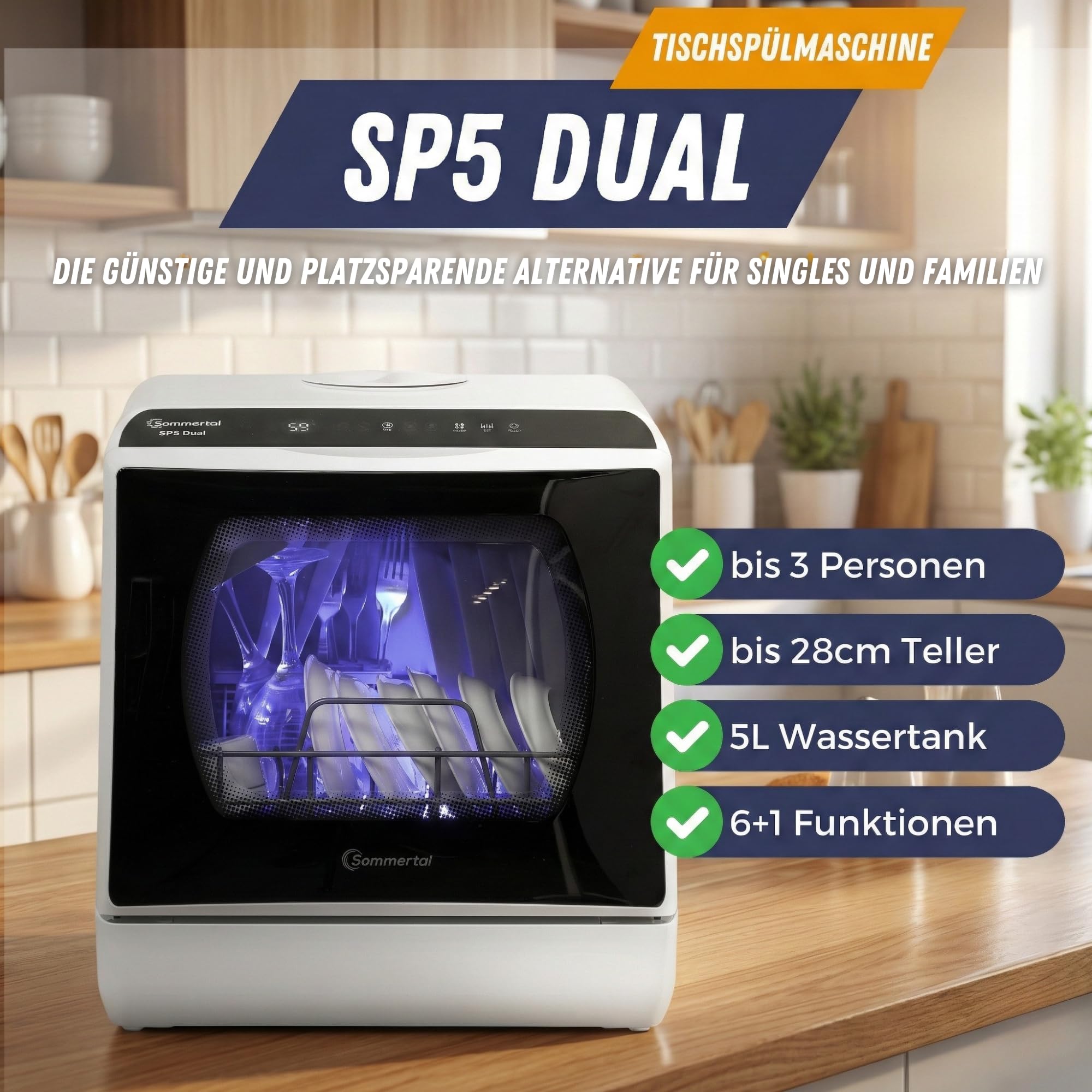 Sommertal Zmywarka stołowa SP5 Dual – mini zmywarka do naczyń lub zmywarka stołowa z 6 programami prania, pokrywa czyszczenia 360°, elastyczne zaopatrzenie w wodę – na kemping i do kampera