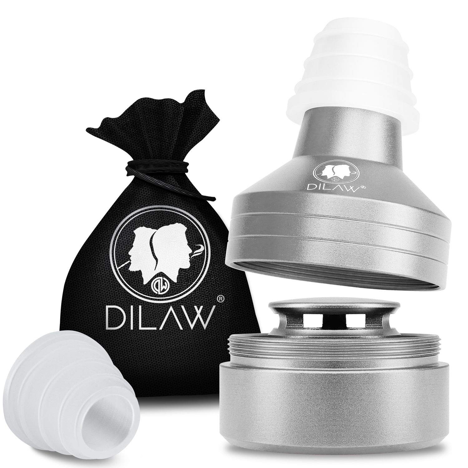 DILAW® Shisha ECO Molassefänger mit Gewinde - Universal aus Aluminium mit Adapter, Vorkühler-Aufsatz passt Universell für alle Shishas, 18er Schliff Einfach auf den Kopfadapter stecken, Silber