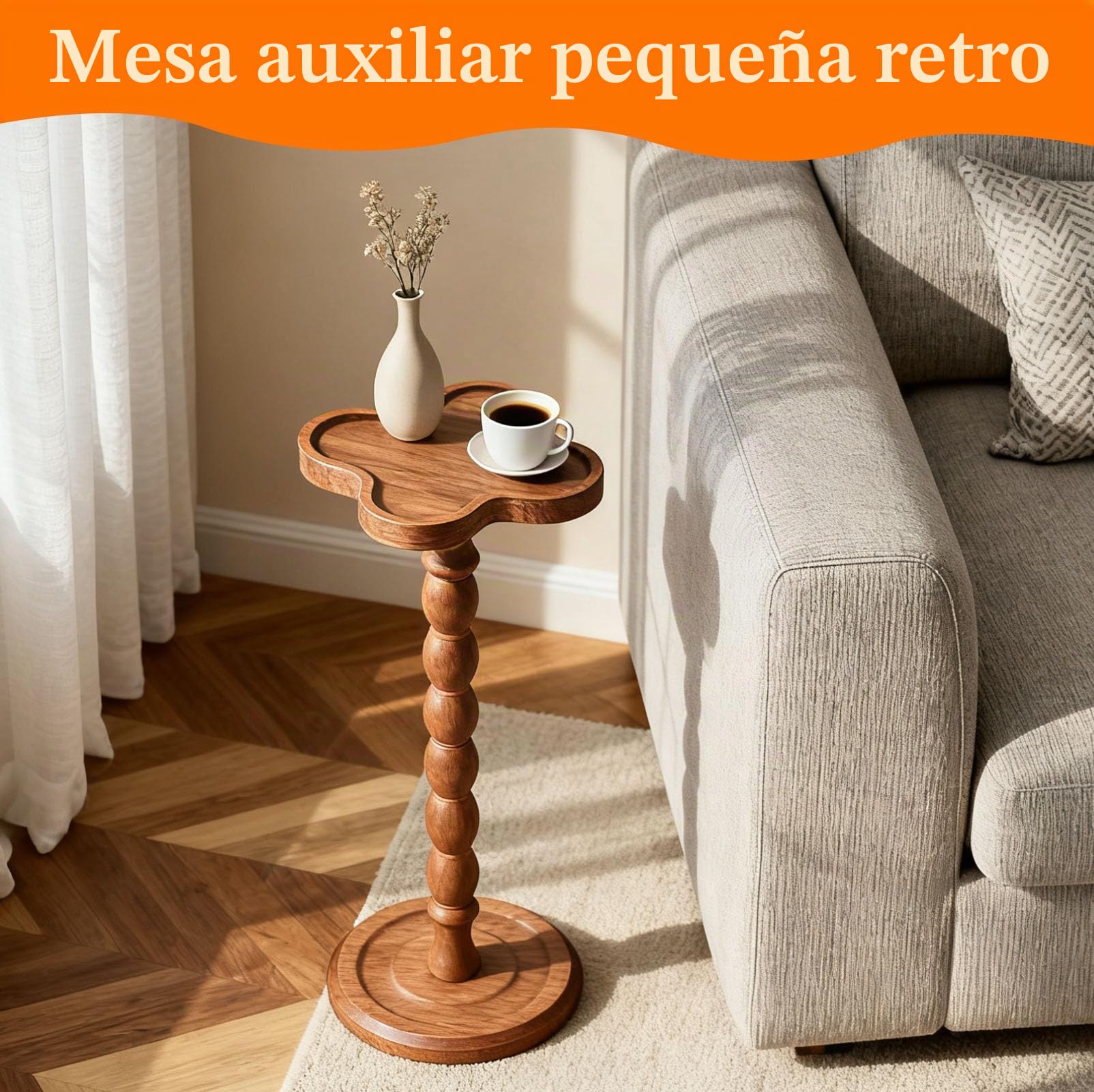 Mesa Auxiliar Redonda 60 cm con Pedestal, Mesas Bebidas Sala Estar, Mesa Auxiliares Pequeña Sofá Interior, Mesita Café Balcón para Salón, Bar, Dormitorio, Espacios Pequeños (Color Marrón)